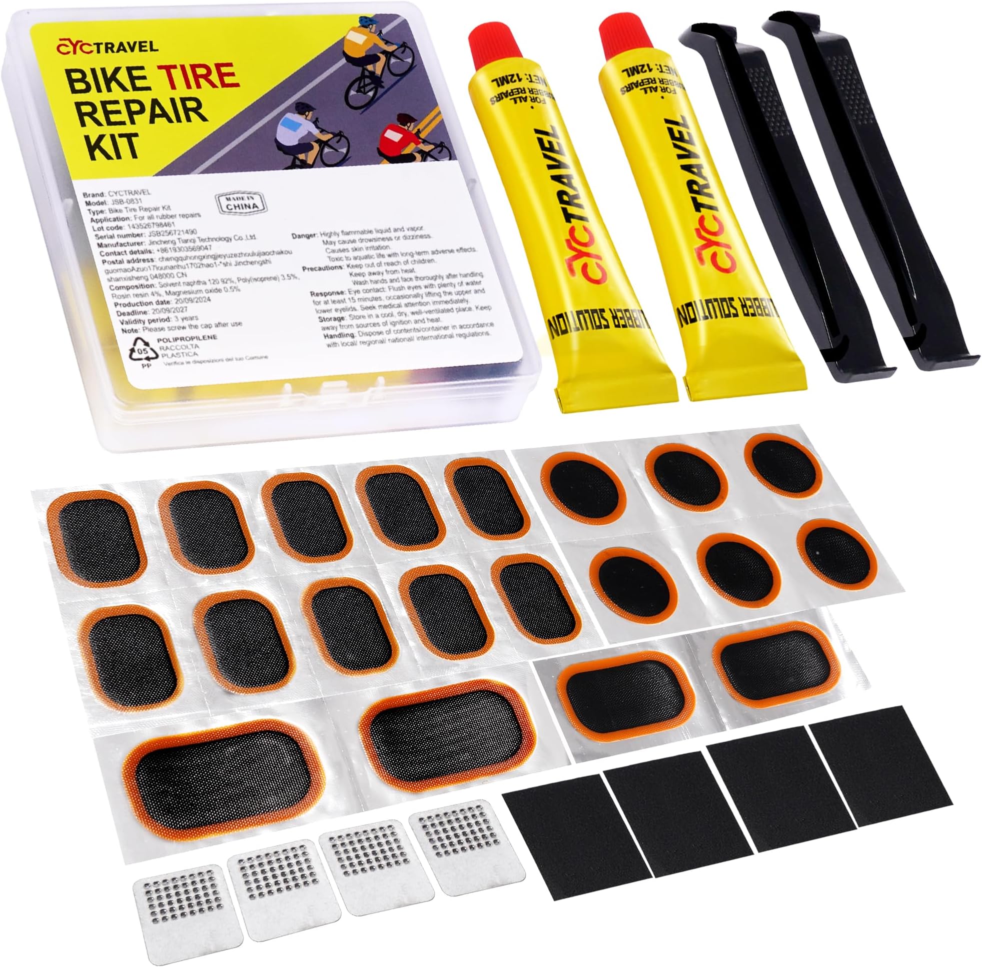 Puncture Repair Kit Bike Tyre, High Performance Puncture Repair Patches, Bike Puncture Repair Kit Includes 20 PCS Puncture Repair Patches, 2 Crowbars, Suitable for Mountain Bikes, Road Bikes