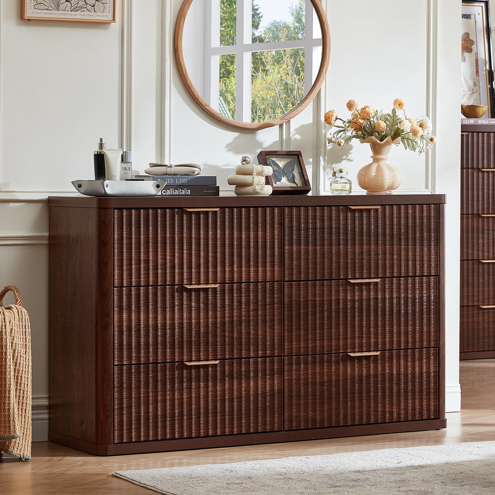 LEYAOYAO Fluted 6 Drawers Dresser for Bedroom, 48" Wide Modern Chest of Drawers with Metal Handle, Walnut Curved Profile Farmhouse Closet Organizer Wood Dressers TV Stand for Living Room, Hallway