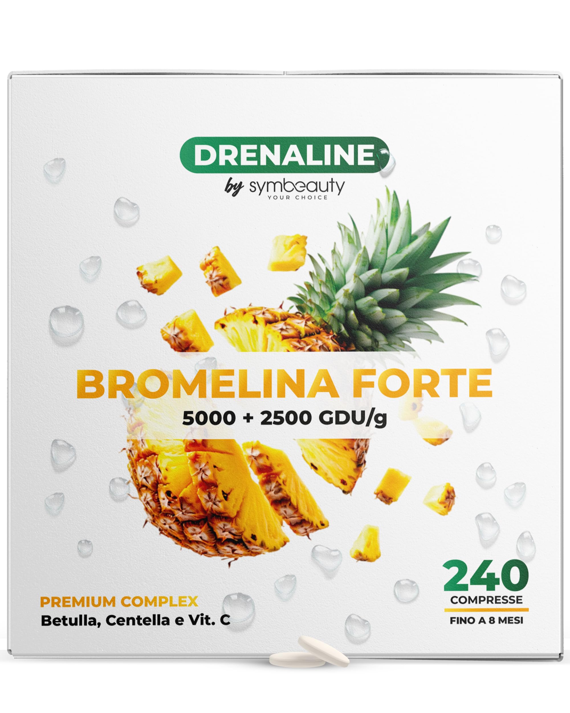 Symbeauty Bromelina Forte 240 Cpr (8 mesi) Drenaline 2500+5000 GDU | Betulla, Centella, Vitamina C | Vegano - Made in Italy - 2