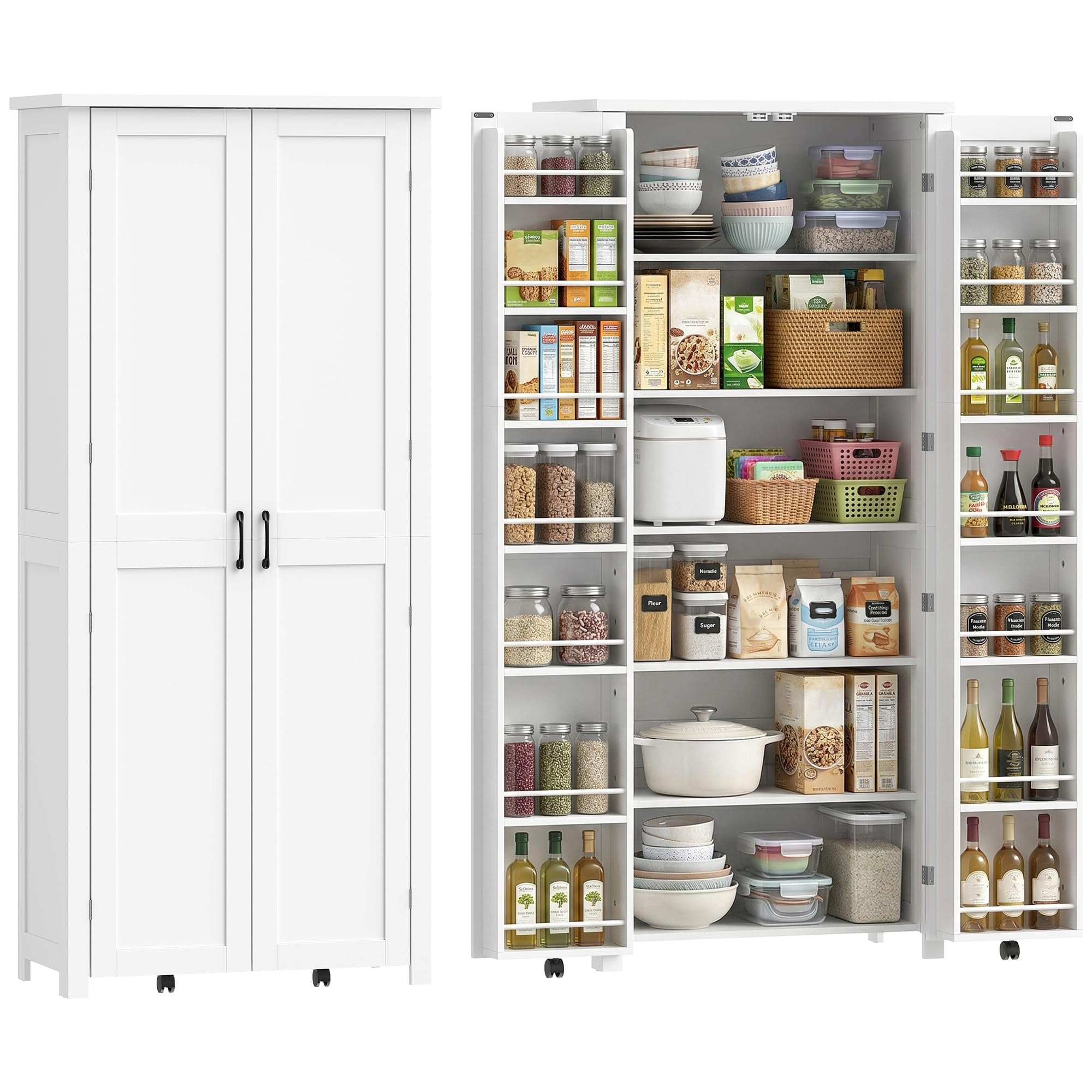 HOMCOM Credenza Cucina Alta 180cm, Mobile Dispensa con Ruote, Doppie Ante, 6 Ripiani, 14 Scomparti Portaspezie sulla Porta, Ripiani Regolabili, Mobile Cucina per Sala da Pranzo Soggiorno, Bianco