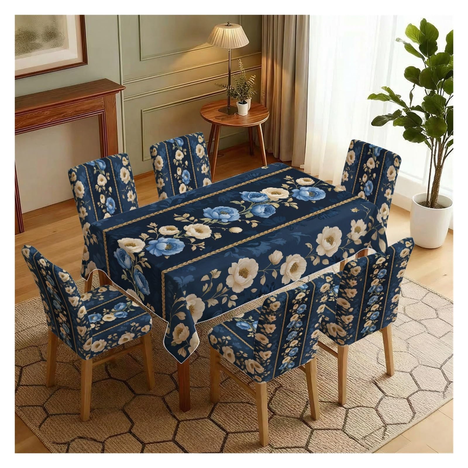 BOSUYBN Dark Blue Vintage Baroque Floral Striped Printed Dining Tablecloth & Chair Covers Set, 5/7 Piece Luxury Classic Farmhouse Home Decor Table Setting(7pcs Set: Tablecloth+Chair Covers)