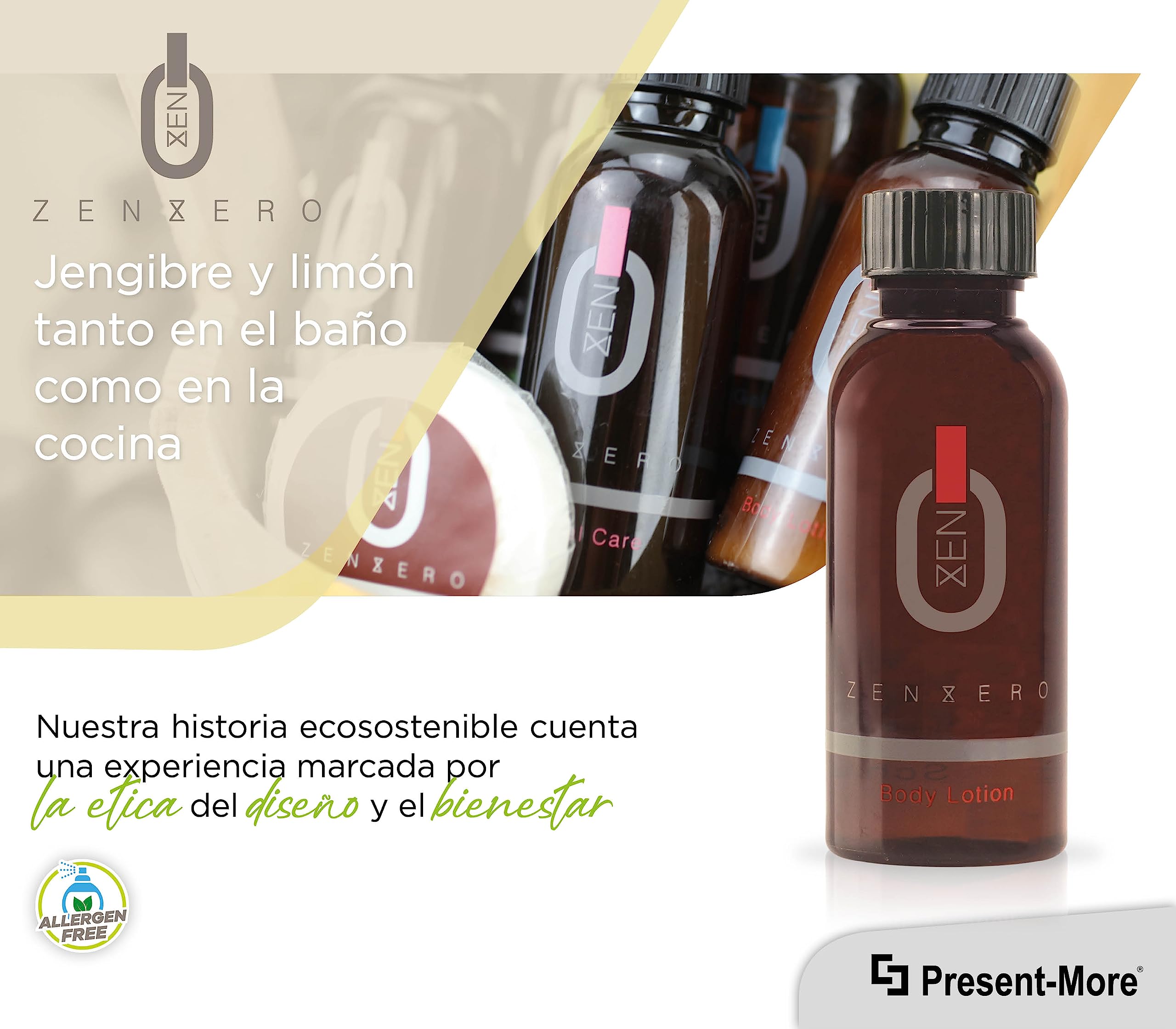 Present-More Crema corporal 45ml Zenzero - Crema cuerpo 250 unidades para Hoteles y B&B | Crema cuerpo sin alérgenos con fragancia Jengibre y Limón