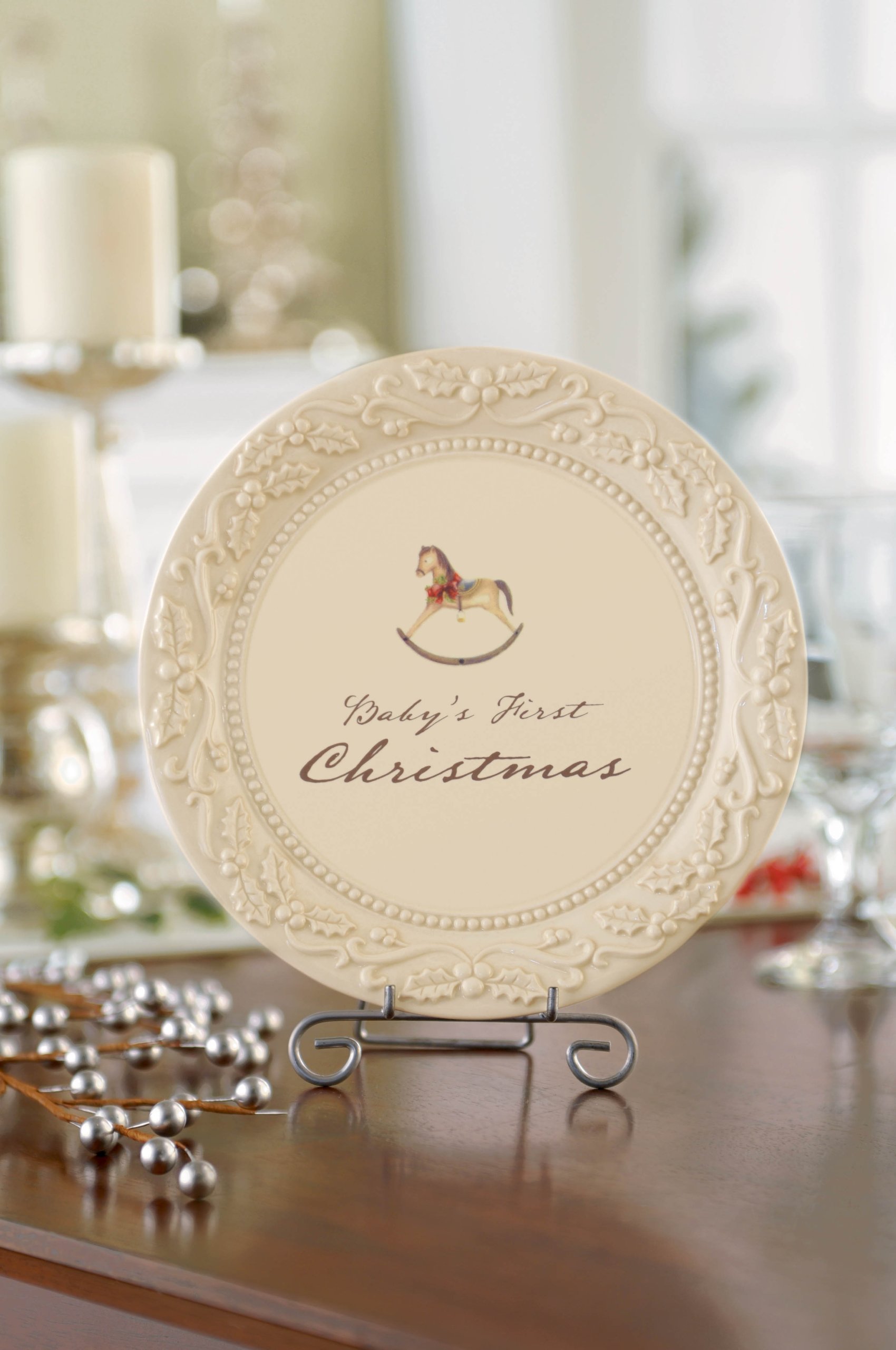 Grasslands Road Good Tidings 8-Inch Round Baby's First Christmas Plate with Stand