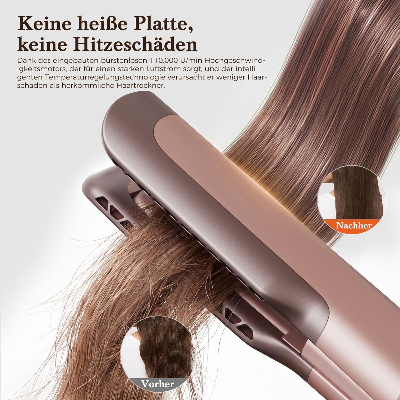 Airstraight Glätteisen Föhn 2in1 - Air Haarglätter für Nass-zu-Trocken Haar | Föhnen Glätten Gleichzeitig, 110.000 U/min, 1300W, Ionen, Keine Heißen Platten, Max 160°C, 4 Temp + 3 Stufen, Selbstreinigung