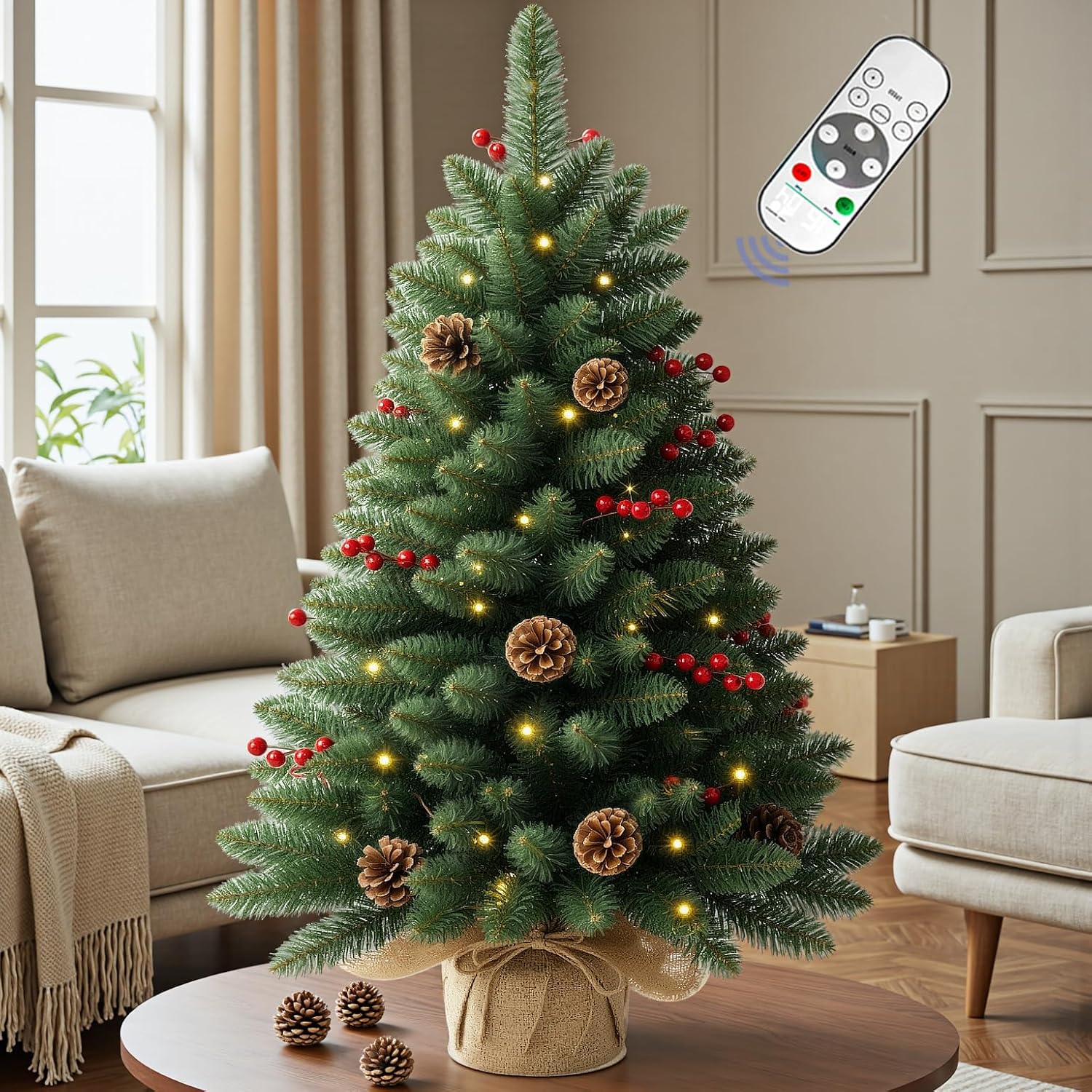 4ft Prelit Artificial Small Christmas Tree with Warm White Multi-Color LED Lights, Remote Control and Timer Operated, Metal Stand Red Berries & Pine Cone Slim Pencil Decoration for Indoor/Outdoor Green Red 4ft