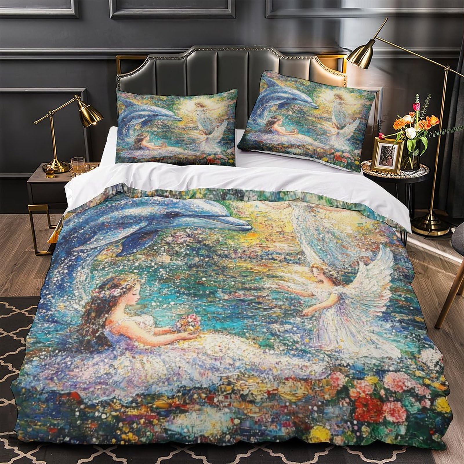 Fantasia di delfini Impressione 3D 3 pz fodera per edredone scena d'acqua angelica coperteletto microfibra zip antiacari per ragazze adolescenti adulti King（220x240cm）