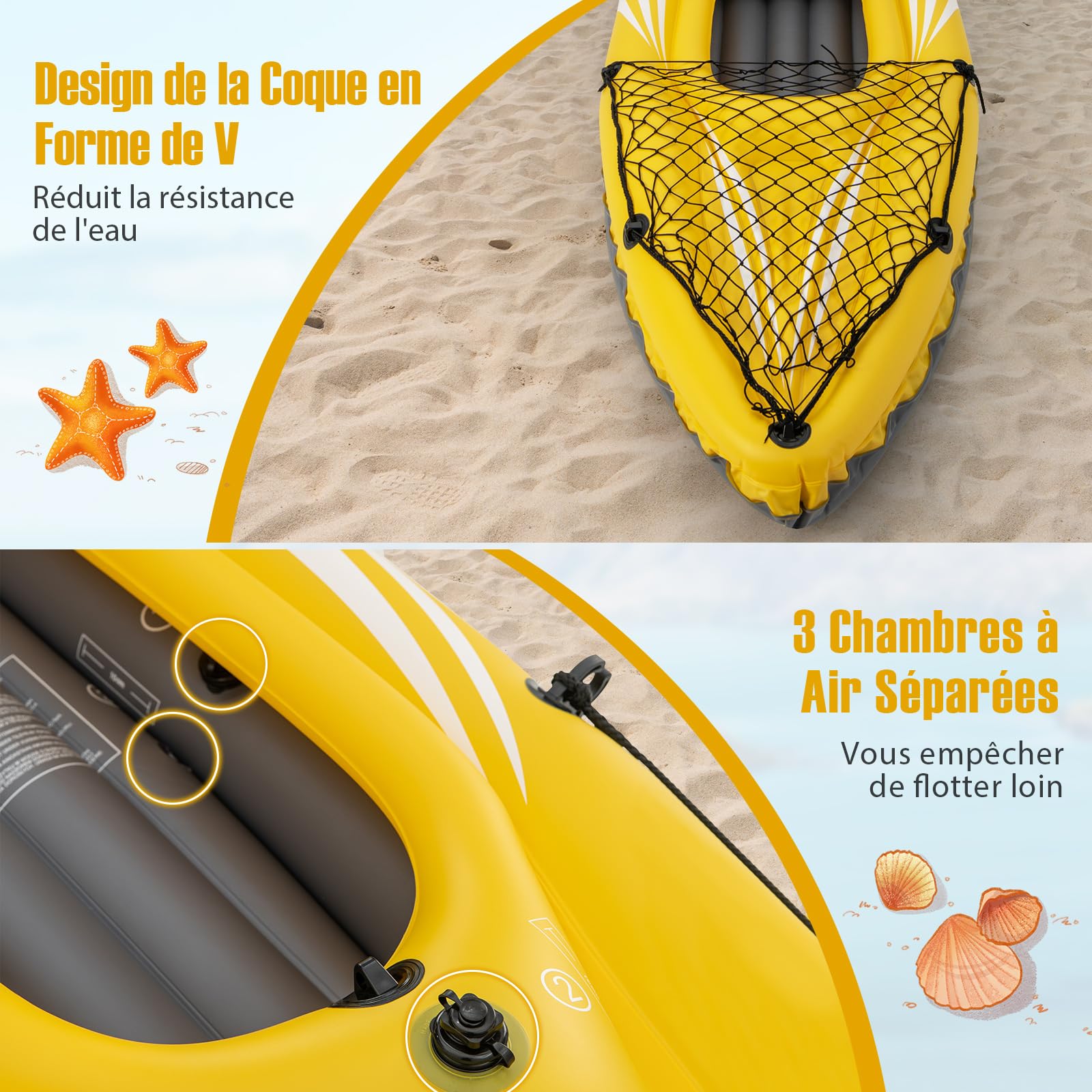 GYMAX Kayak Gonflable pour 2 Personnes avec Sièges Amovibles, 357x80x38cm,Charge 160kg Canoë Gonflable en PVC avec 2 Avirons en Aluminium et Pompe à Pied,Sac de Transport pour Lac Rivière