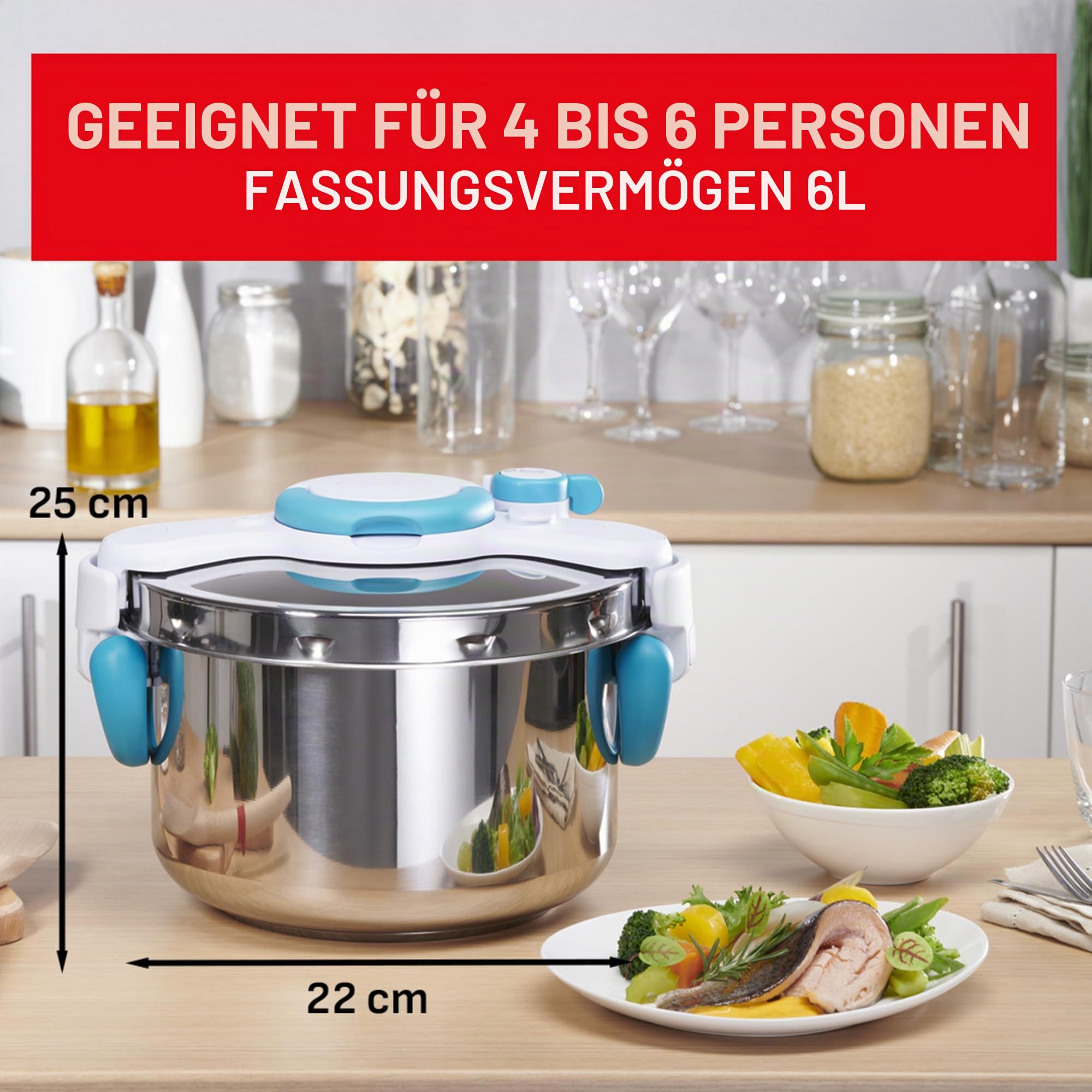 Seb 6 l Pressure Cooker, Induktion, Edelstahl, Pressure Cooker, Klappgriffe, 100 Rezepte, Booklet, Made in France, ClipsoMinut'easy+ Blue P4900716
