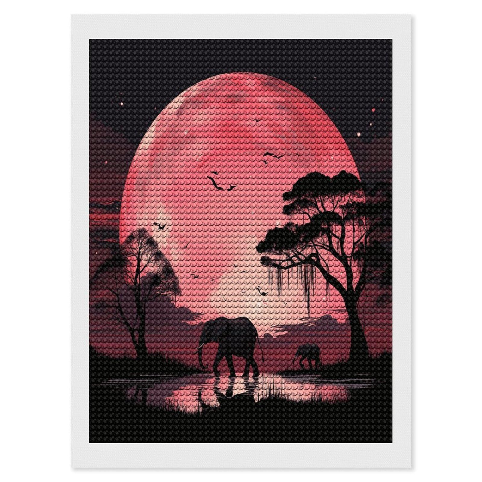 Pink Moon Elephant Diamond Art Kits for Adult Round Full Drill Diamond Dots Paintings for Beginner Picture Art DIY Diamond Painting Kits 5D Diamond Art Painting for Home Wall Decor 12"x16"