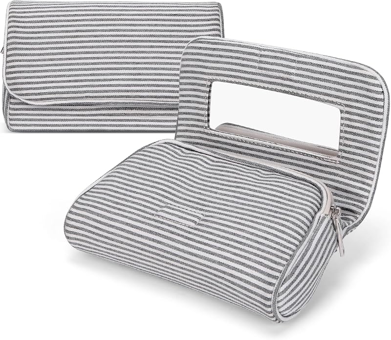 Necessaire de maquiagem Hibilog em nylon com espelho interno, leve, estampa listrada cinza