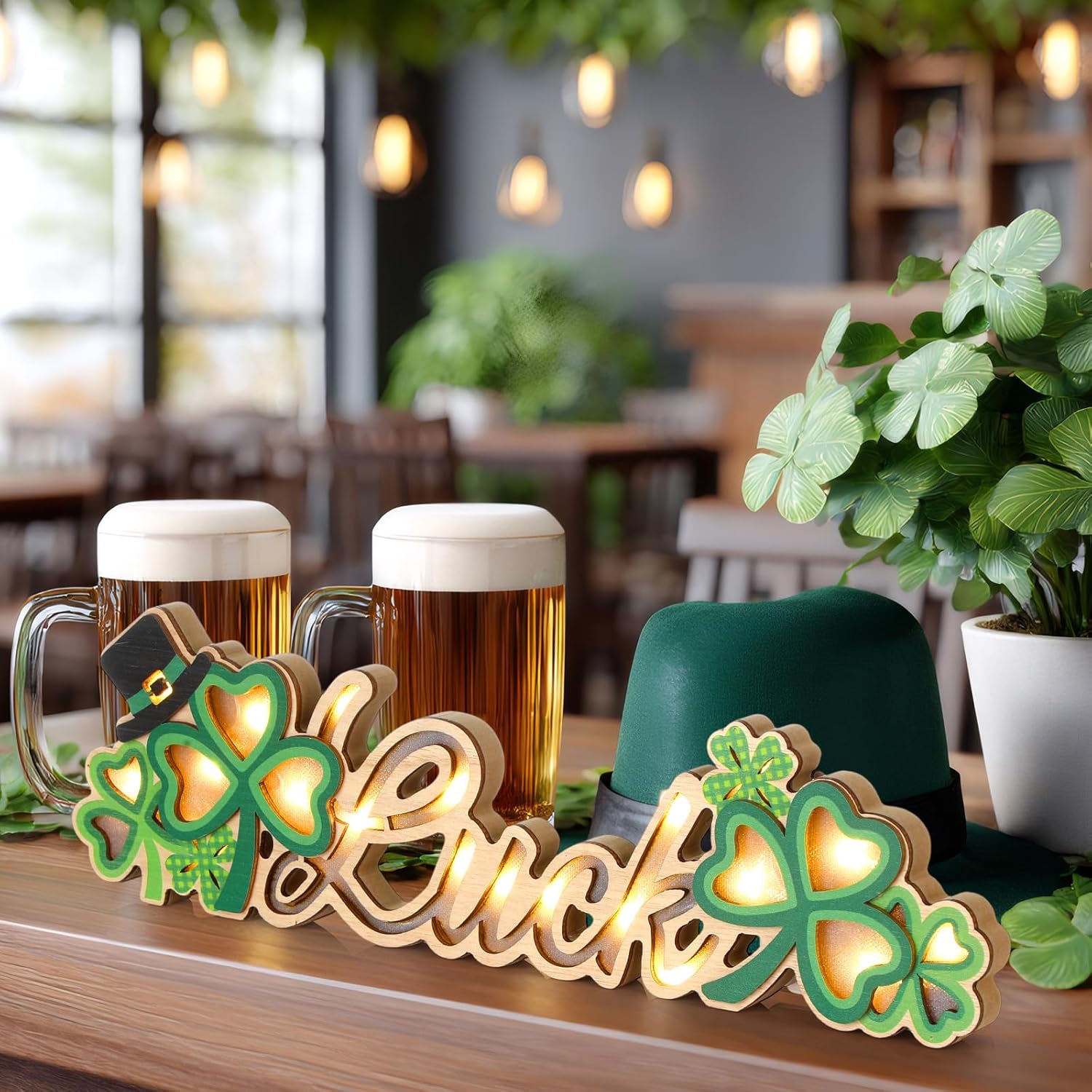 Sieral St. Patrick's Day Wooden Shamrock Decor Lighted Table Sign Table Centerpieces Luck Block Signs Rustic Irish Farmhouse Green Tabletop Decoration with LED Lights for Home Mantel Holiday Party