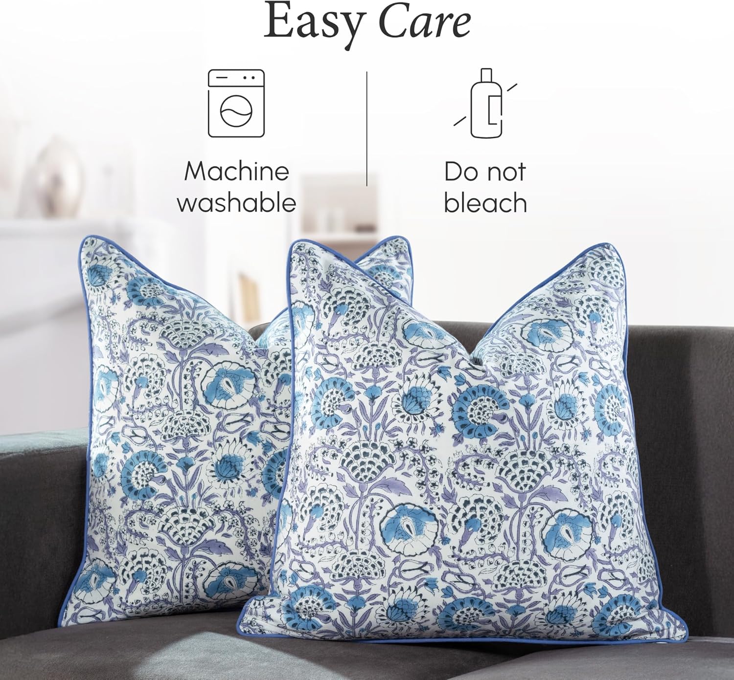 CPC 100% Cotton Throw Pillow Covers 20x20 Inch, Set of 2 Blue Block Print Pattern Couch Pillow, Cute Boho Decorative Pillows for Living Room, Bedroom with Hidden Zipper- Indigo Blue