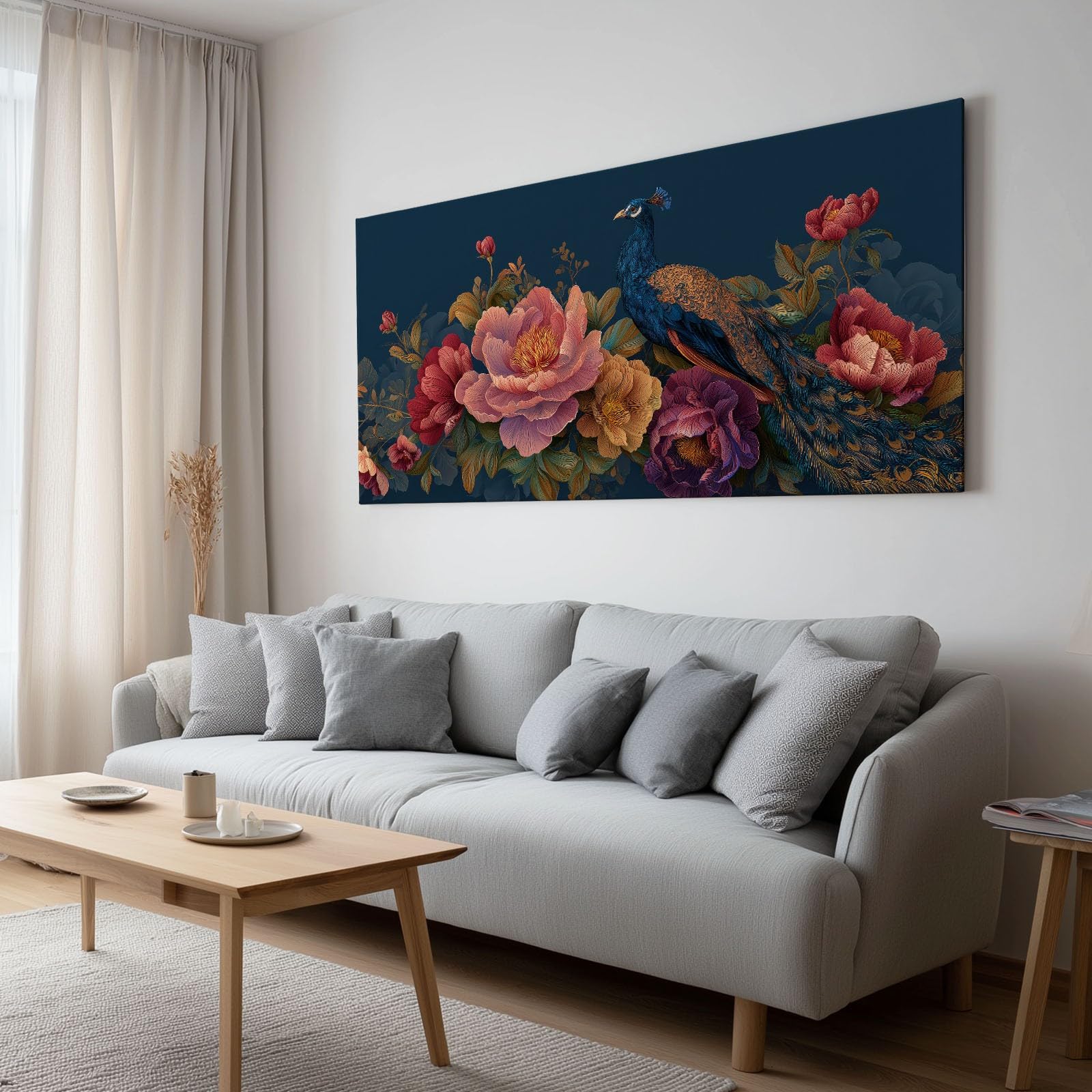 Botanisch Pfau Floral Kunst Modernes Leinwandbild 100L x 75B cm mit Rahmen, Dunkelblau Vintage XXL Wanddeko für Wohnzimmer Geschenk Idee Einzug - Hochwertiger Kunstdruck auf Holzrahmen