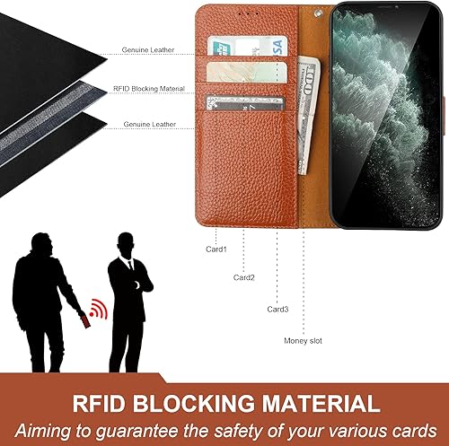 Miniatura 3 de Bocasal Funda de piel auténtica tipo cartera para iPhone 11, carga inalámbrica, bloqueo RFID, soporte para tarjetas de crédito, función atril, funda