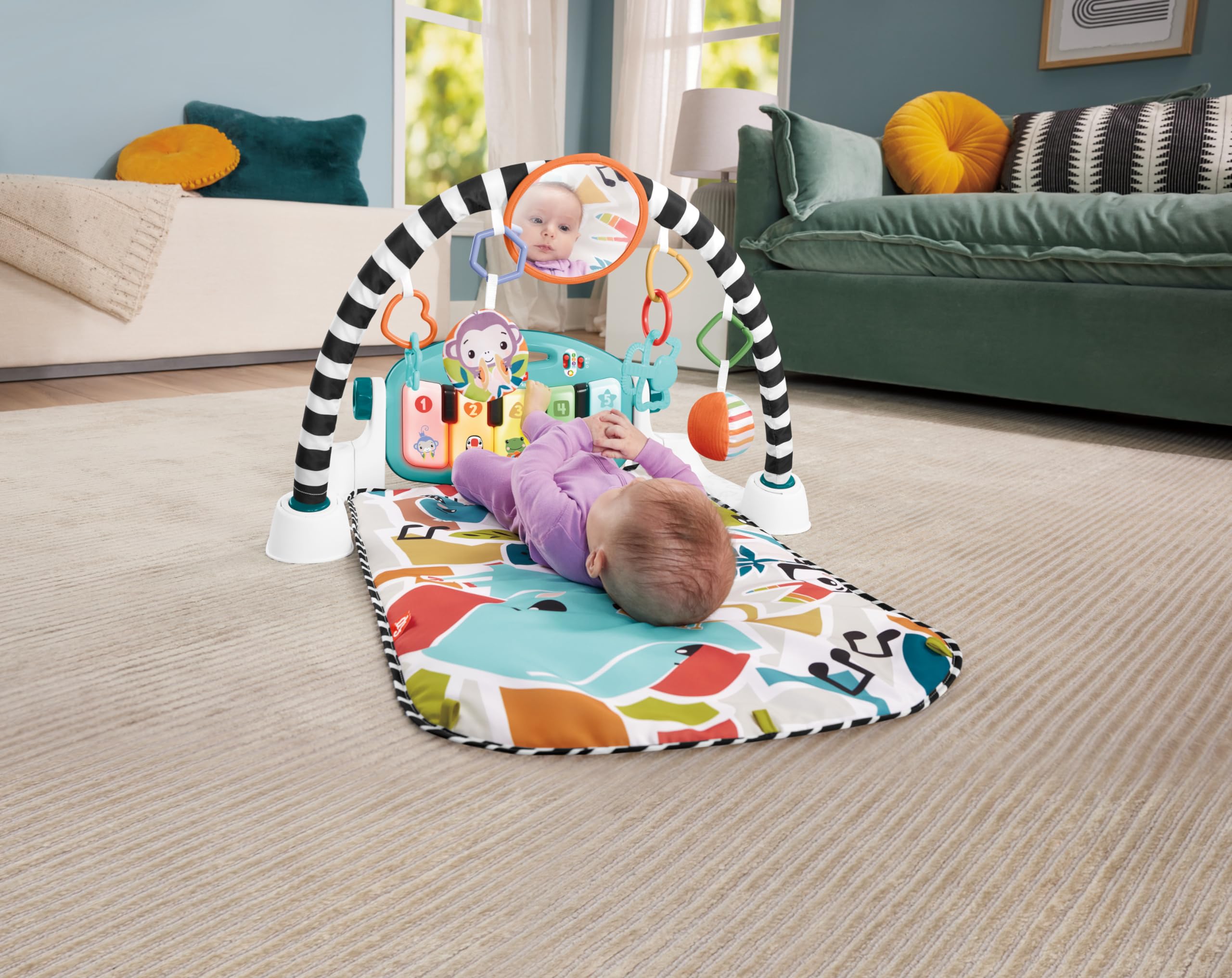 Fisher-Price Niebieska muzyczna i świecąca mata fortepianowa, przenośna, 4 tryby gry progresywne budzenie, wersja francuska, zabawka dla dzieci, od urodzenia, HWY56