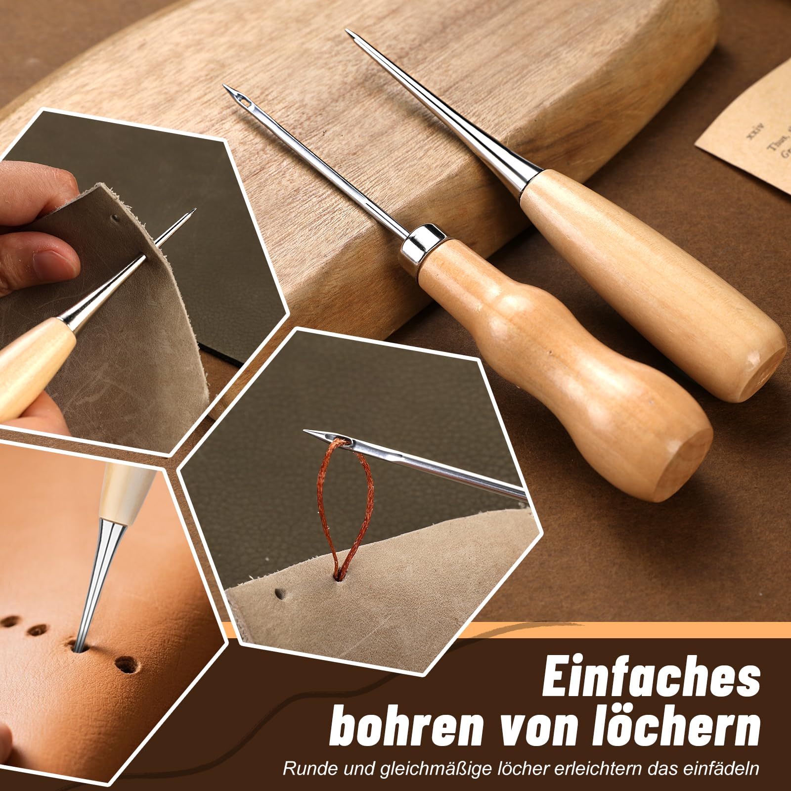 Riddur 46-teiliges Leder-Nähset, Leder-Nähwerkzeug-Set mit 4-mm-Schnürnähmeißel, gewachstem Garn und Nähnadeln mit großem Öhr für Lederhandwerksprojekte, Diy-Näharbeiten