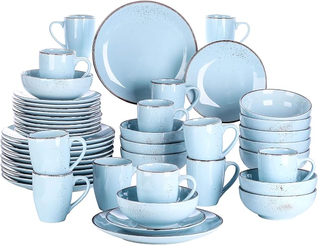 vancasso Navia Oceano Dinner Set, Stoneware Vintage Look Light Blue Dinnerware Tableware, 48 Pieces Dinner Service Set for 12, Include Dinner Plate, Dessert Plate, Cereal Bowl and Mug