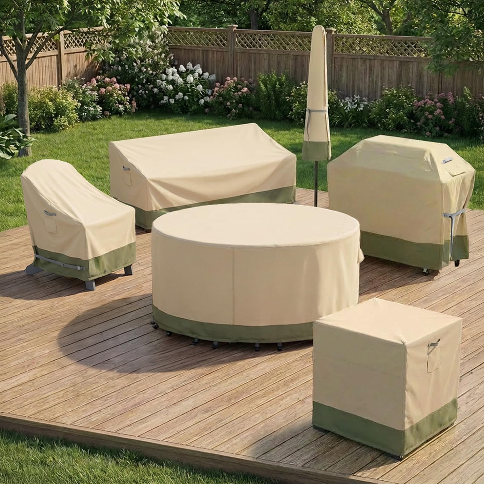 COWVIE Runde Möbelabdeckung für Terrassen-Essgarnitur für Tisch und Stühle im Freien, 600D wasserdichte und UV-beständige Stoffabdeckung für Terrassenmöbel mit Stauraum und Belüftungsöffnung