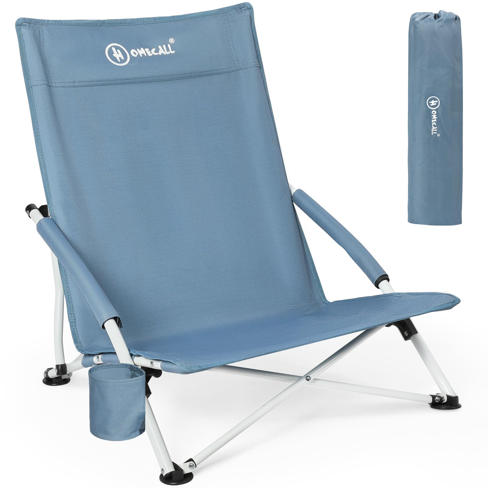 Homecall Chaise de plage pliante, légère, basse, avec dossier confortable, accoudoirs rembourrés, jusqu'à 120 kg, pour plage, jardin (1 pièce)