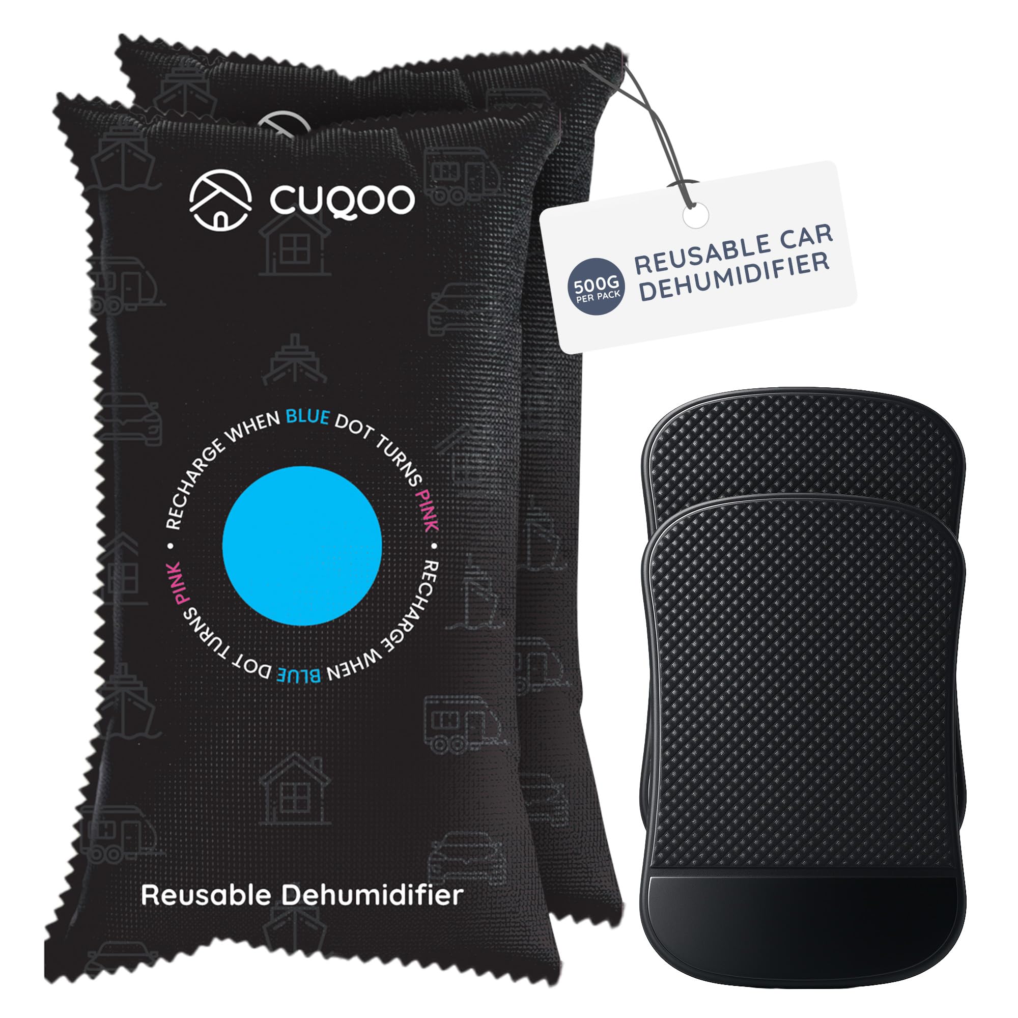 CUQOO Car Dehumidifier Bag – Reusable Moisture Absorber for Car Interior with Anti-Slip Mat – Microwave Reactivated Dehumidifier Bags for Condensation, Damp & Fog (2 Pack)