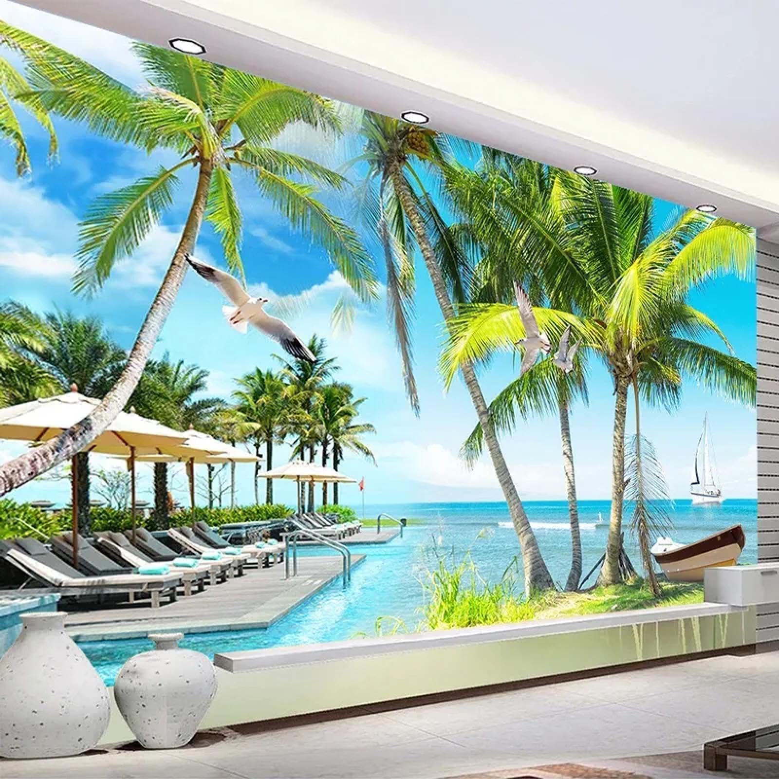 Jcsmkfq Wallpaper Seascape, Island, Sailing Boat And Coconut Tree Mural – 3D Living Room Feature Wall, Bedroom Decorative Art Wallcovering