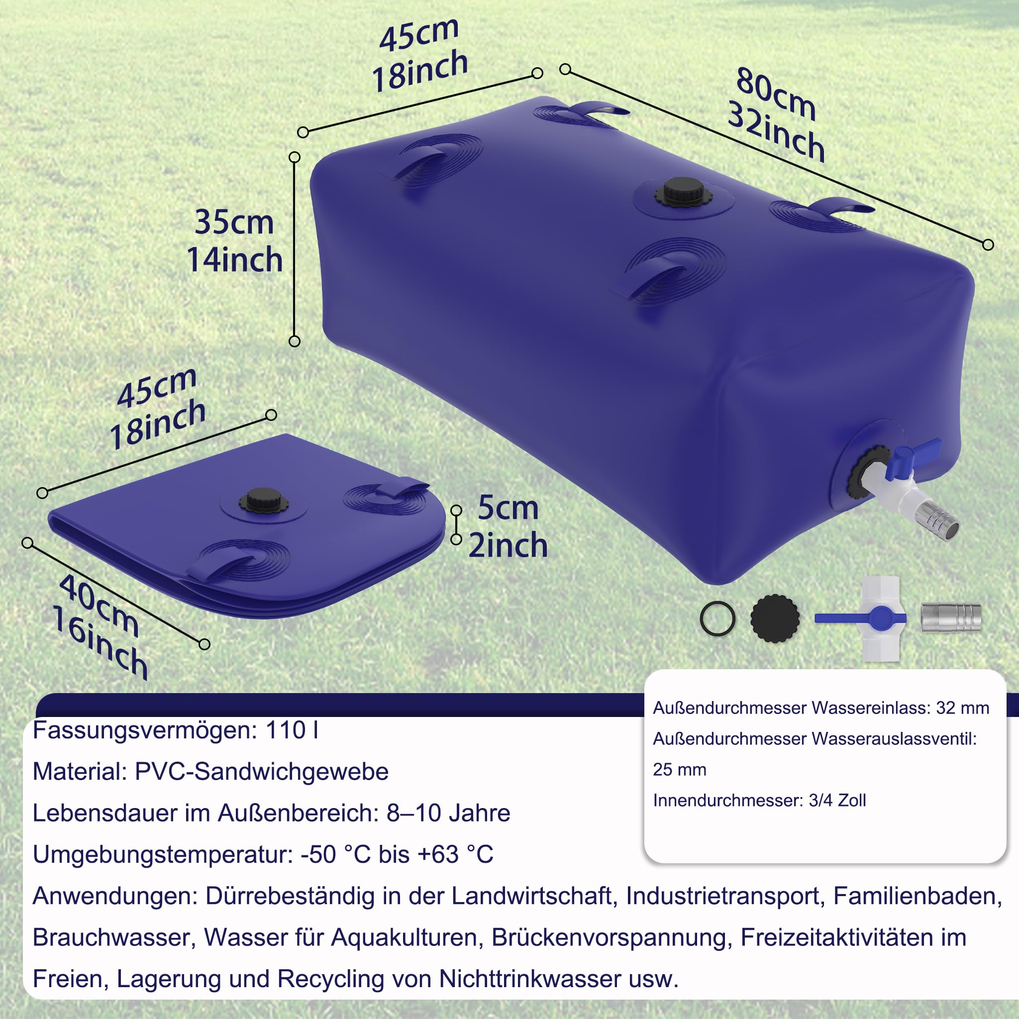 HENGMEI 110L Wasserblasen Tragbar AufbewahrungsbehäLter Faltbarer Wassertank WasserbehäLter Großem Fassungsvermögen mit Wasserhahn Wasserbeutel, DüRreresistenz, Brandschutz, Notwasser