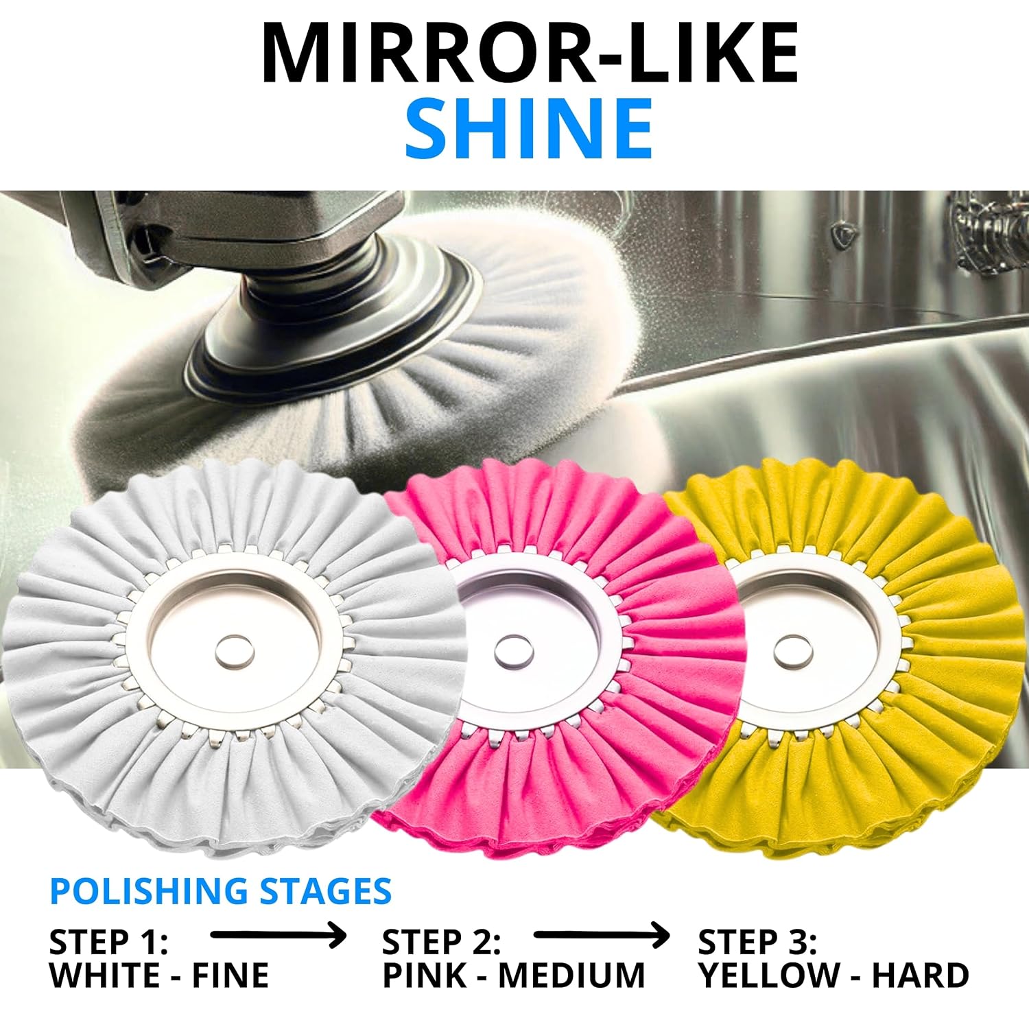 7PCS 8 Inch Aluminum Polishing Kit – Airway Buffing Wheels and Compounds Set for Metal Rim Shine Restoration Grinder Compatible Wheel Polisher for Chrome Finishing and Surface Refining