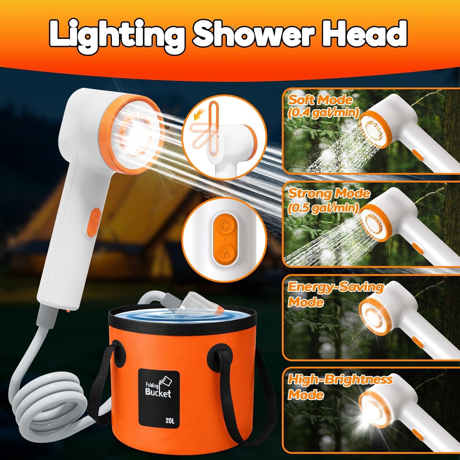 Goody King Campingdusche mit Pumpe & Akku 6000mAh – Tragbare Camping Dusche ohne Strom, 20L Faltbarer Eimer, LED-Anzeige, 3 Strahlmodi, 2m Schlauch, IPX7 – Mobile Dusche für Garten, Wohnmobil, Hund