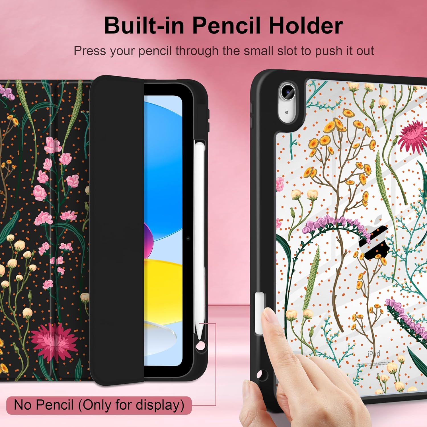 MEEgoodo Case for iPad A16 11th Generation 11 inch 2025/10th Gen 10.9 inch 2022, Cover with Clear Acrylic Back Shell,Tablet Case with Pencil Holder+Auto Wake/Sleep+Trifold Stand,Colourful Wild Flowers - Image 5
