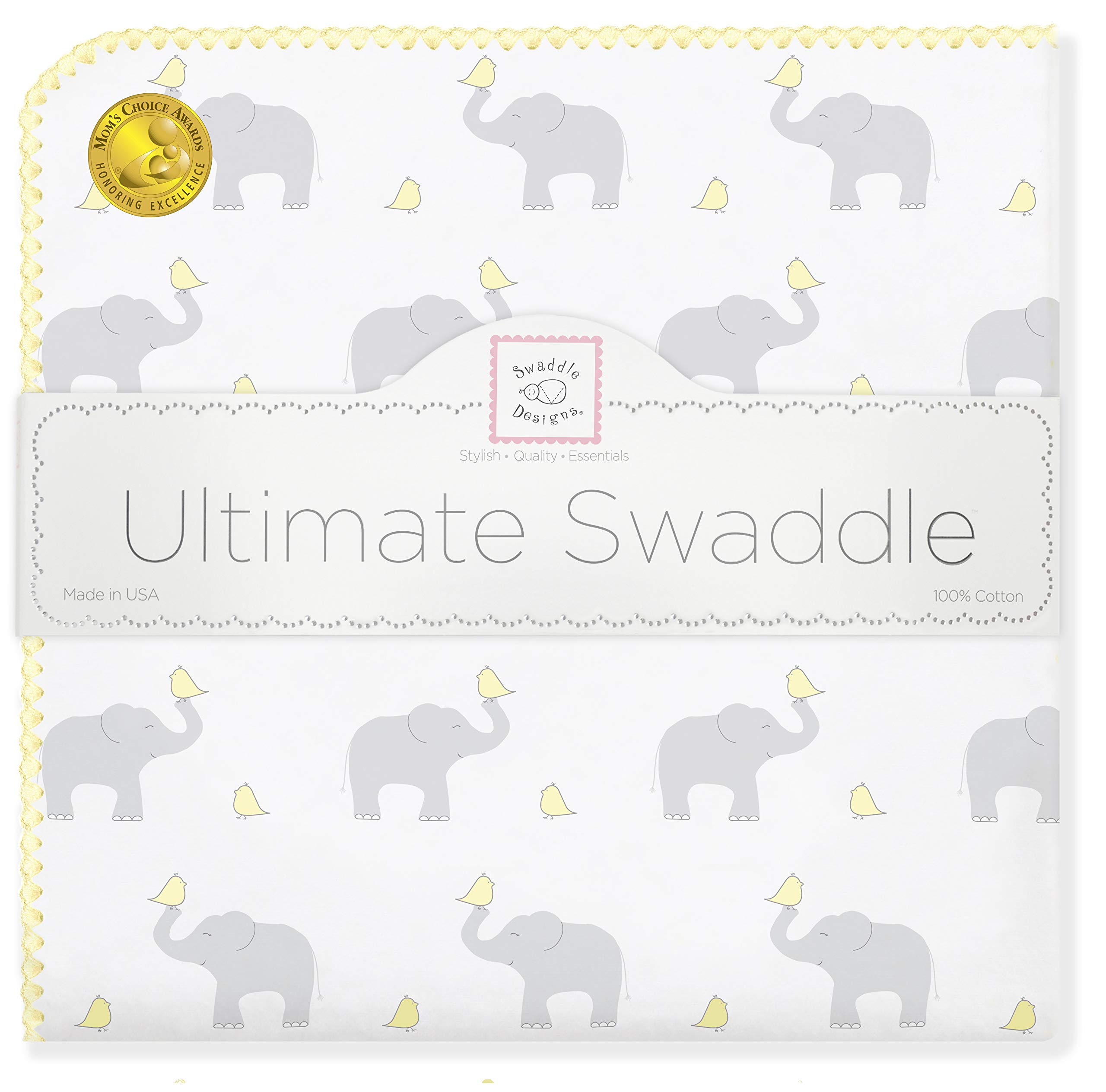SwaddleDesignsUltimate Winter Swaddle, X-Large Receiving Blanket, Made in USA, Premium Cotton Flannel, Elephant and Pastel Yellow Chickies (Mom's Choice Award Winner)