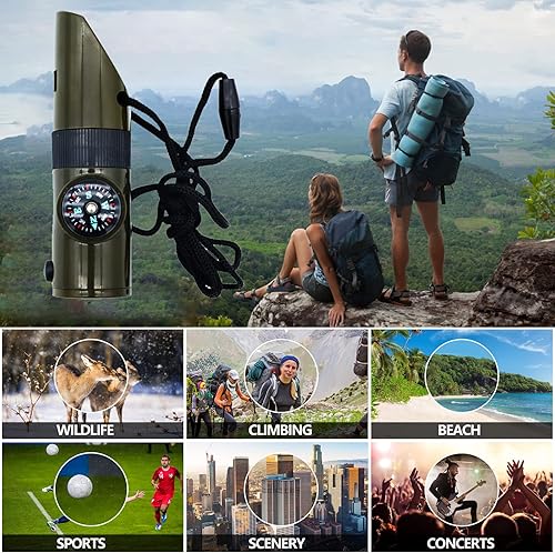 Miniatura 4 de Silbato de supervivencia al aire libre, silbato de alto decibelio con múltiples funciones, incluyendo brújula, reflector, linterna LED,