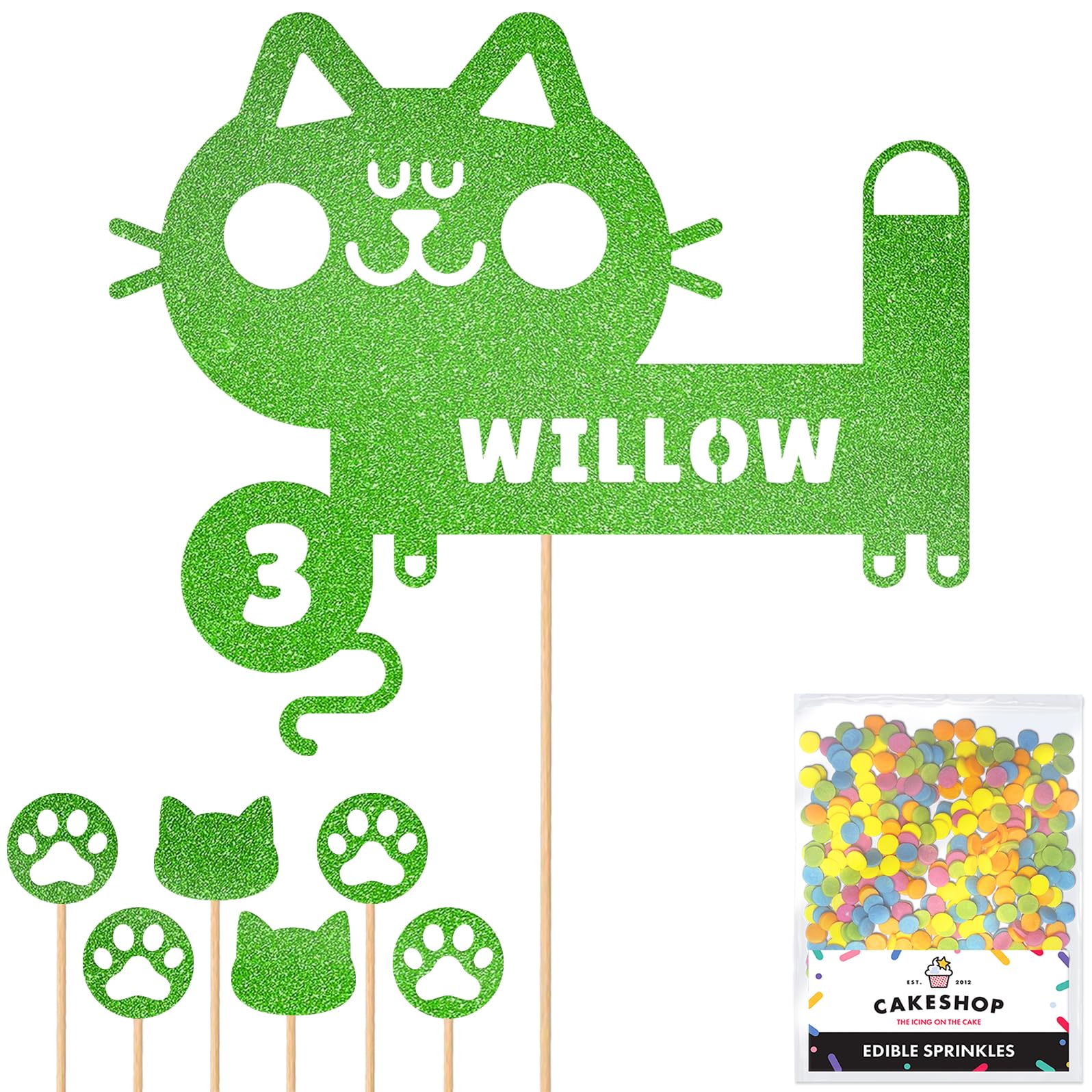 Personalised Birthday Cat Kitten Glitter Cake Topper- Green Any Name & Age Glitter Cake Decoration and Sprinkles - Happy Birthday Decorations - Personalised Toppers for Cakes by Cakeshop — image 1