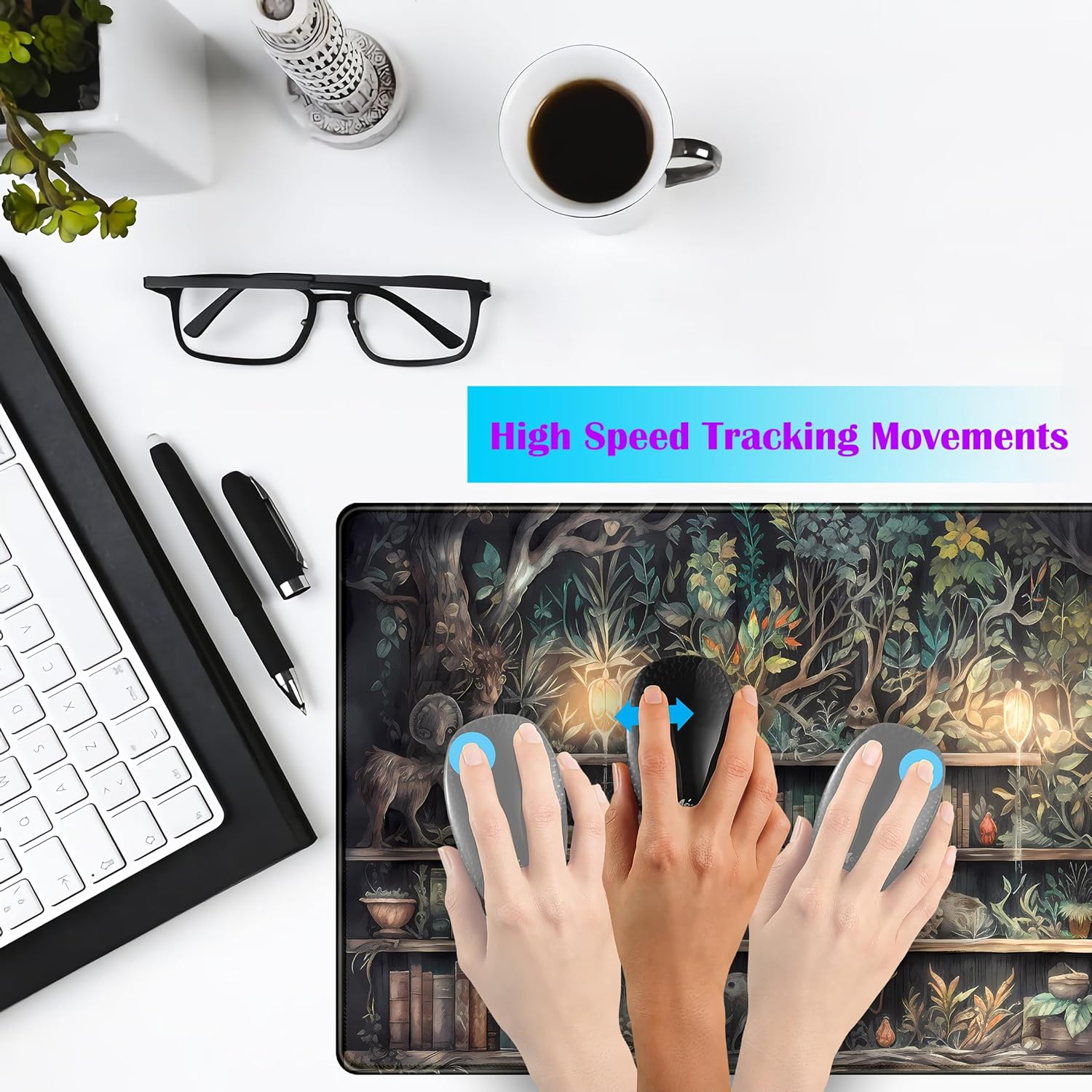 Forest Library Book Mouse Pad Desk Mat, Mystical Green Tree House XXL Extended Large Gaming Desk Pad Mousepad Computer Laptop Keyboard and Mouse Mat, Office Desk Decor Pad for Women 31.5x15.7 in - Image 3