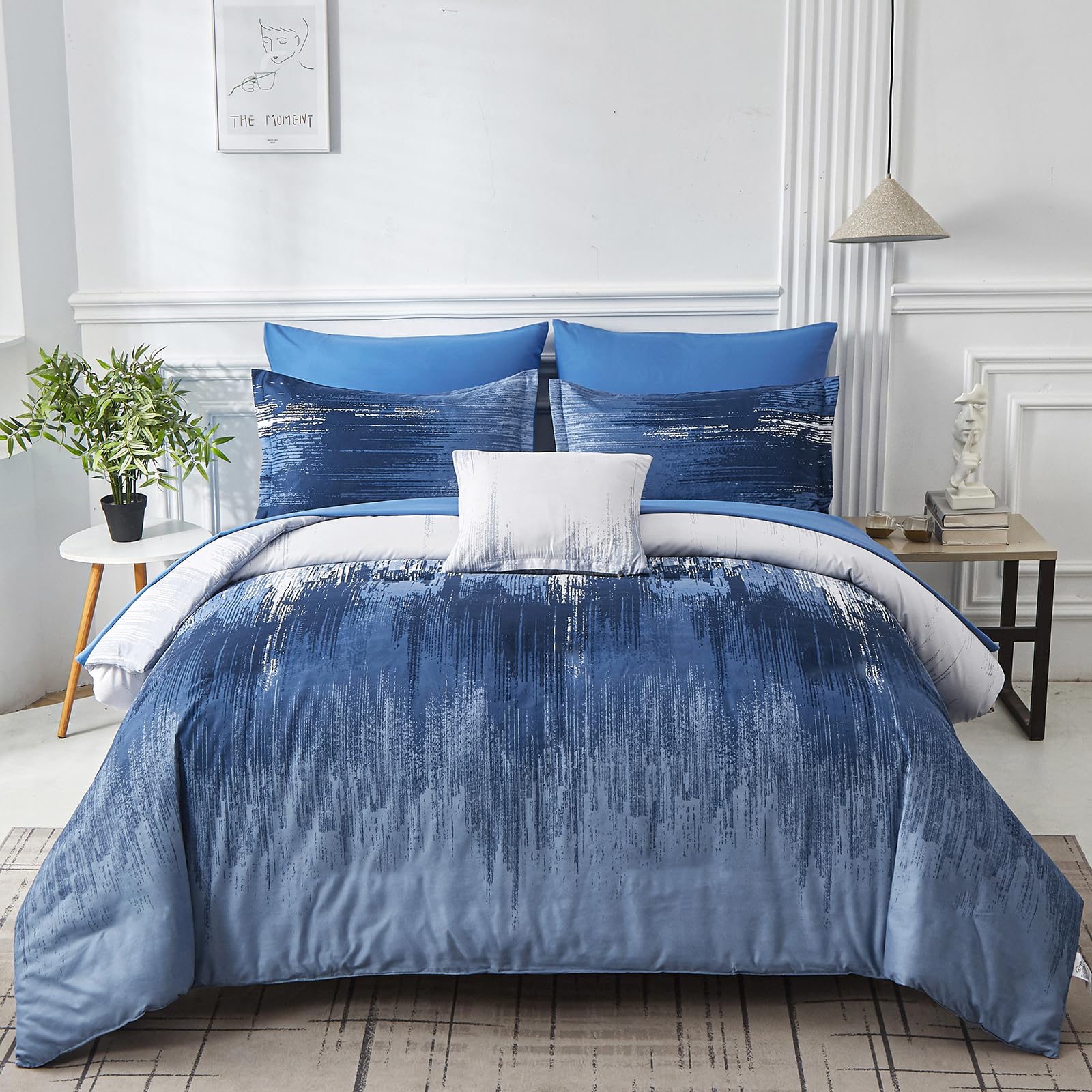 Ombre Blue White Duvet Cover Set Blue Gradient Bedding Set for All Season 3 Pieces Soft Microfiber Duvet Cover with With 2 Pillowcases and Zipper Closure King 220x230 cm