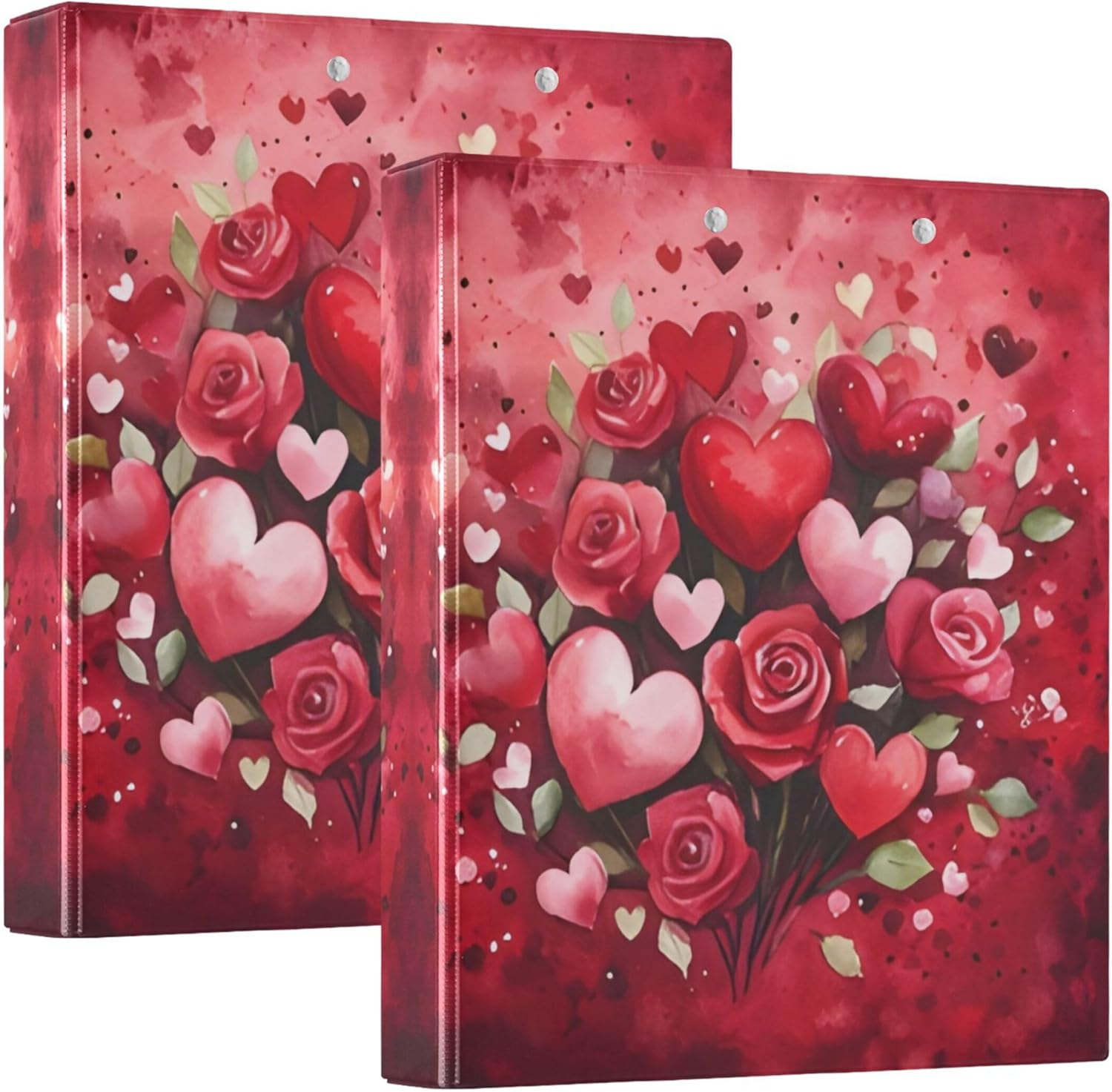 Valentine's Day Heart Rose 3 Ring Binders, 1.5” Round Ring Binders with Clipboard - Letter Size, 3 Interior PVC Clear Pockets & Anti-Slip Clip for Office School Supplies, 2PCS