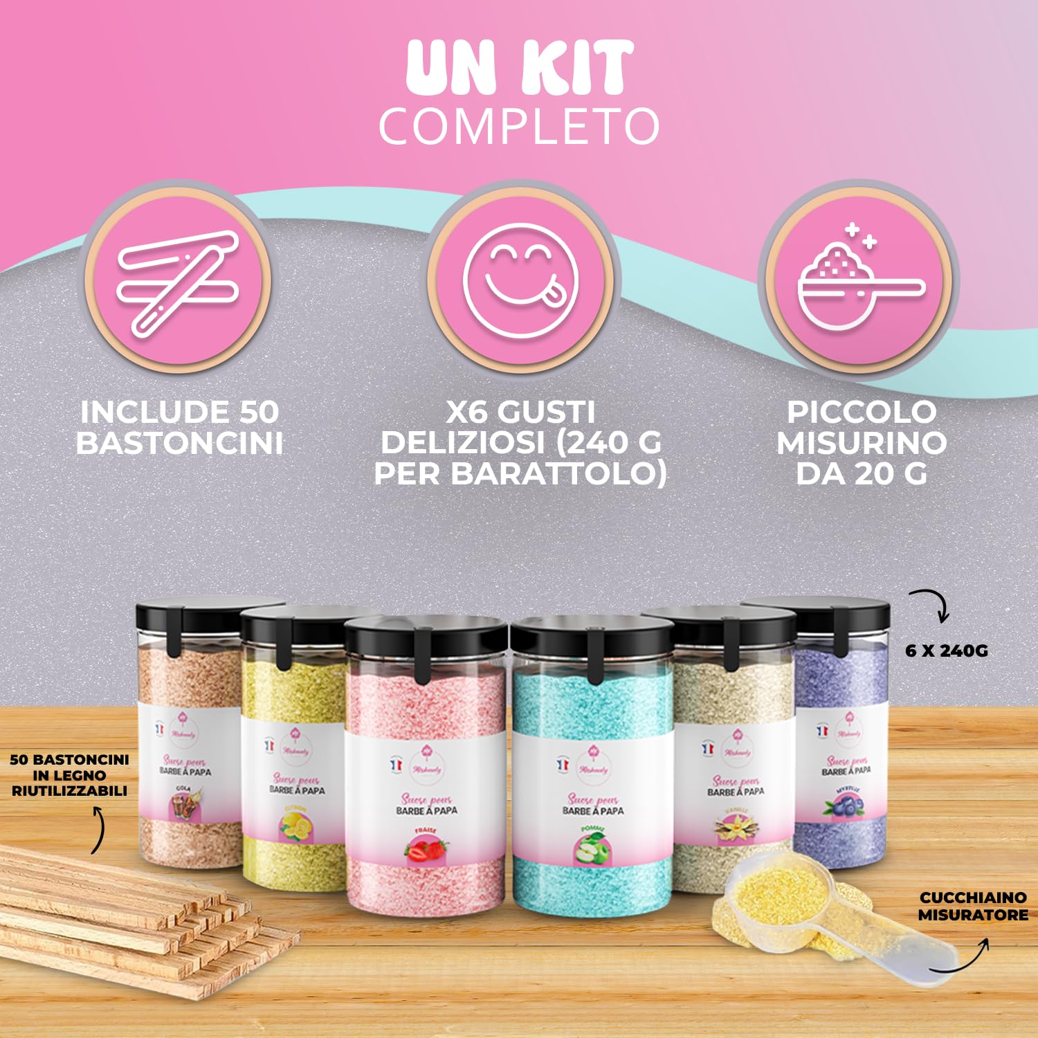 Misskandy®Kit zucchero filato con 6 gusti, 72 porzioni – Include 50 bastoncini per macchina per zucchero filato – Aromi: cola, vaniglia, fragola, mirtillo, limone e mela – Ideale per bambini e adulti