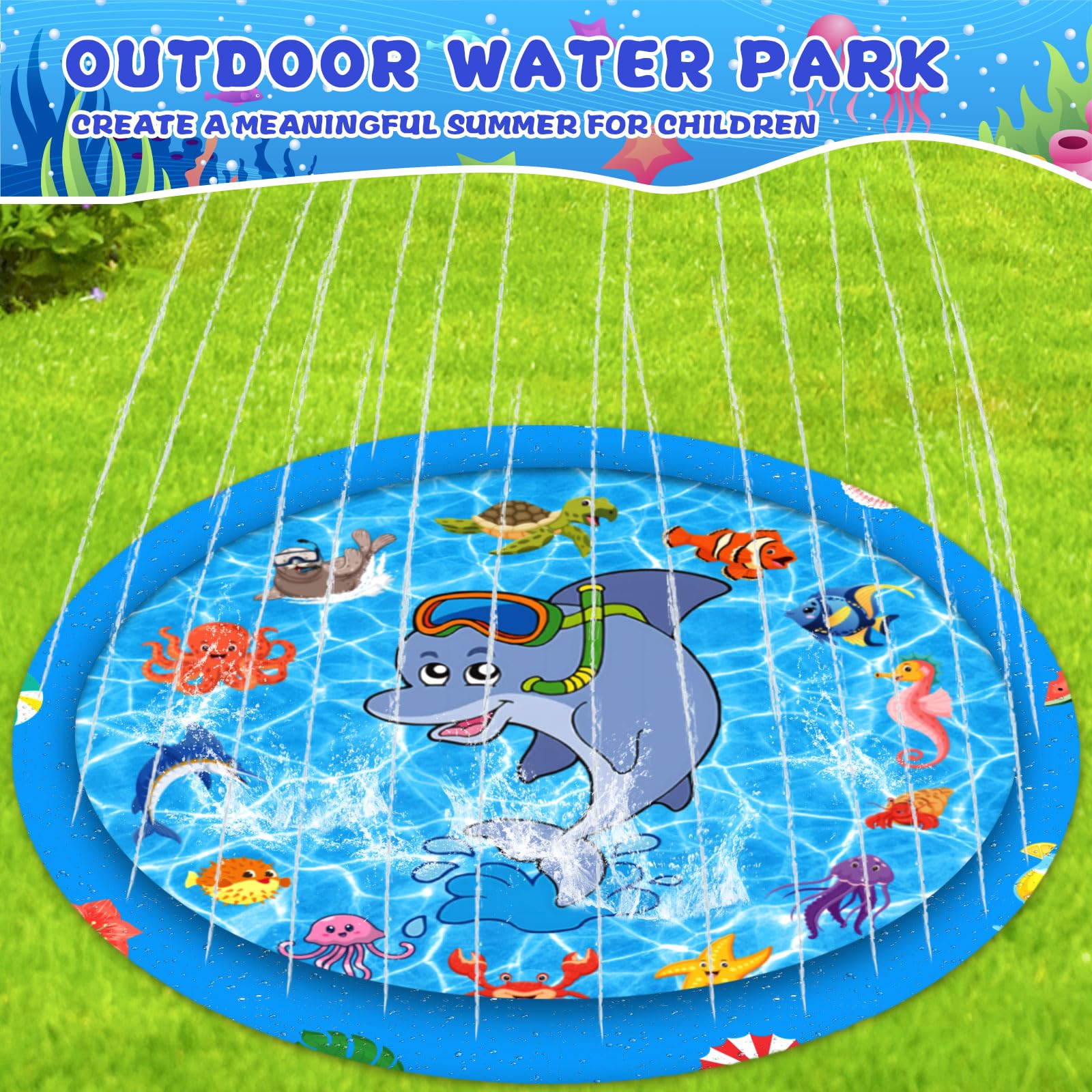 Tapis eau Pliable en PVC, Jeux d'eau Exterieur pour Enfant et Chien, Jet Fontaine Réglable 170 CM Piscine