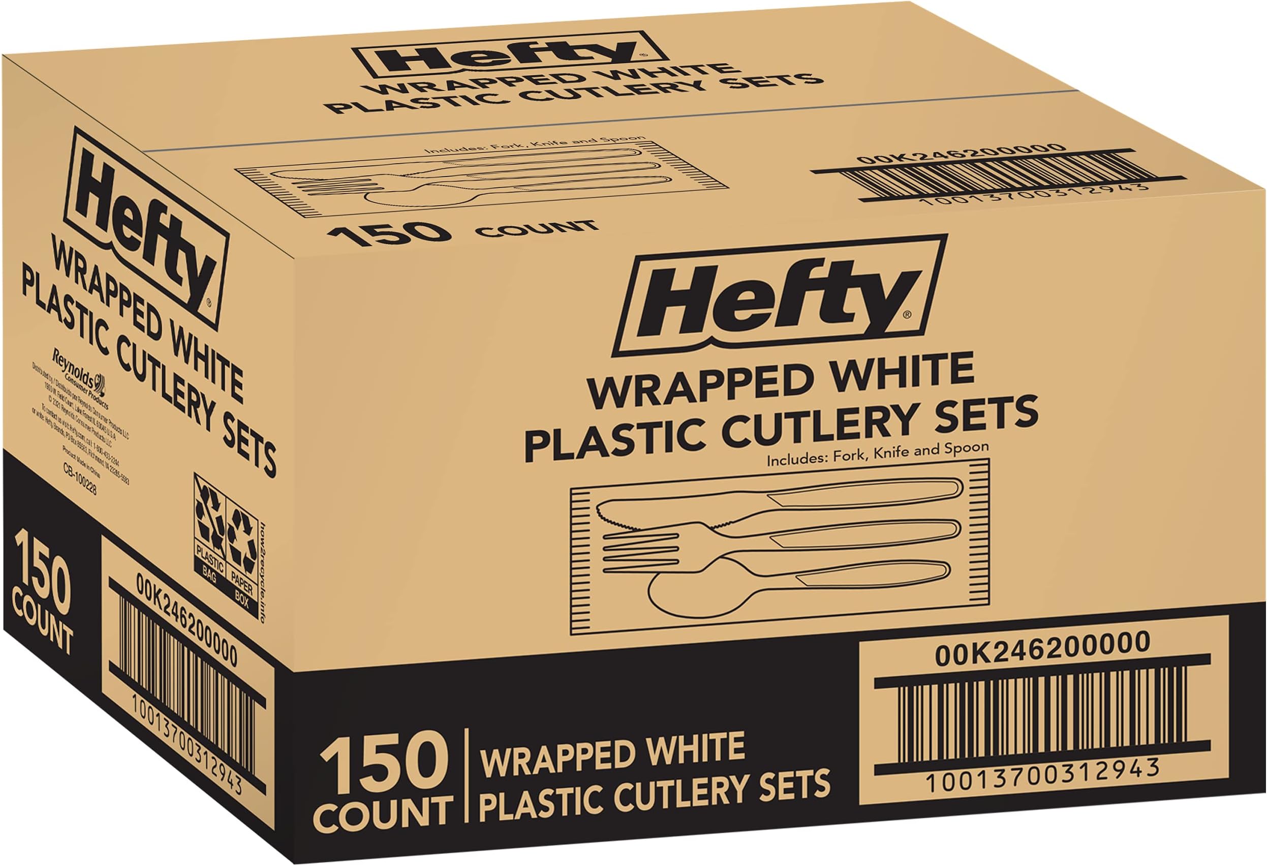 Hefty Individually Wrapped Plastic White Heavy-Duty Cutlery, Disposable Flatware, 150 Piece Set