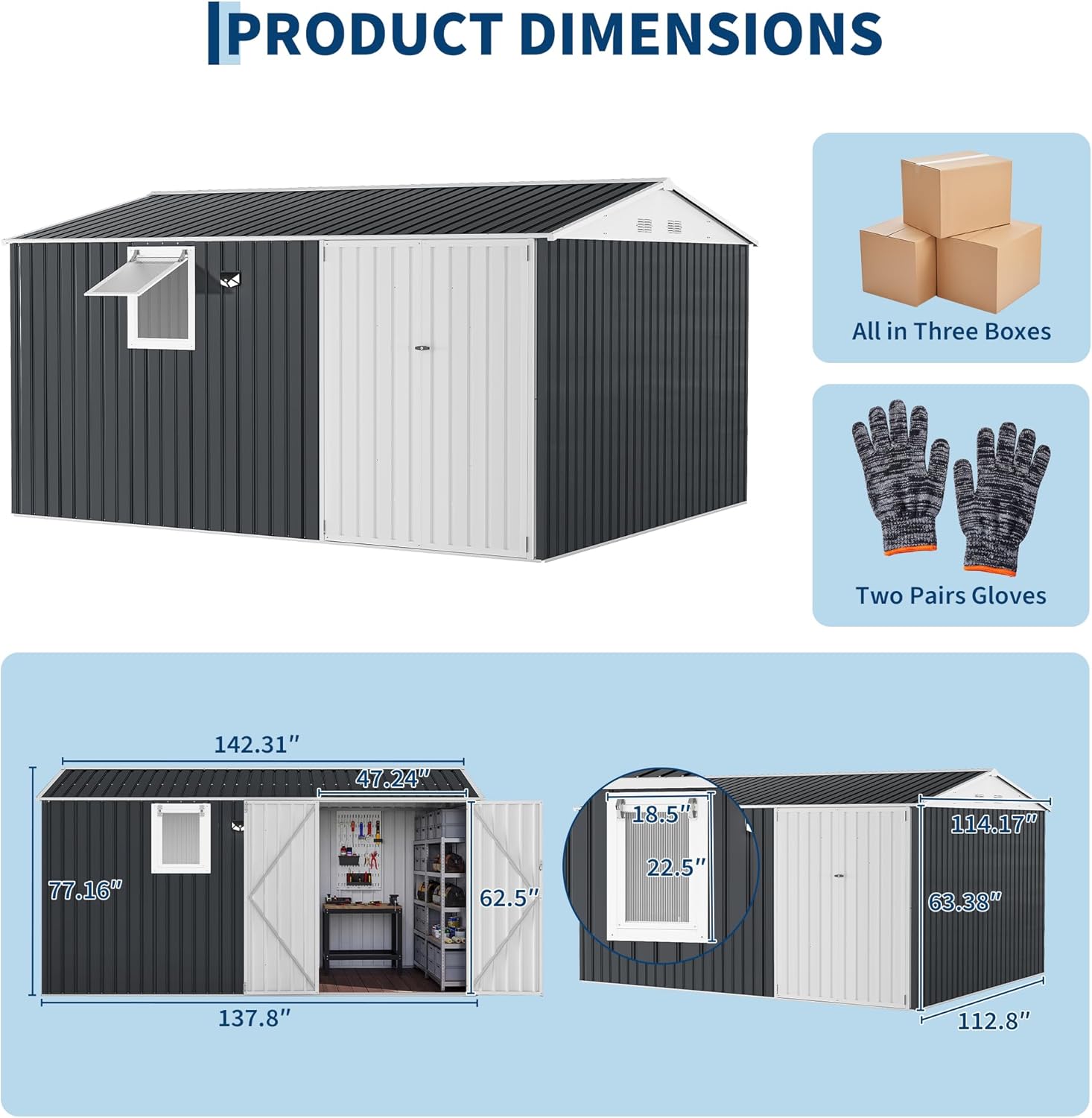 12x10FT Outdoor Storage Shed with Pushable Window,LED Lamp,Pegboard,Metal Garden Shed with Sloping Roof,Breathable Vent and Lockable Doors, Steel Tool Shed for Patio Garden, Garage, Backyard, Poolside