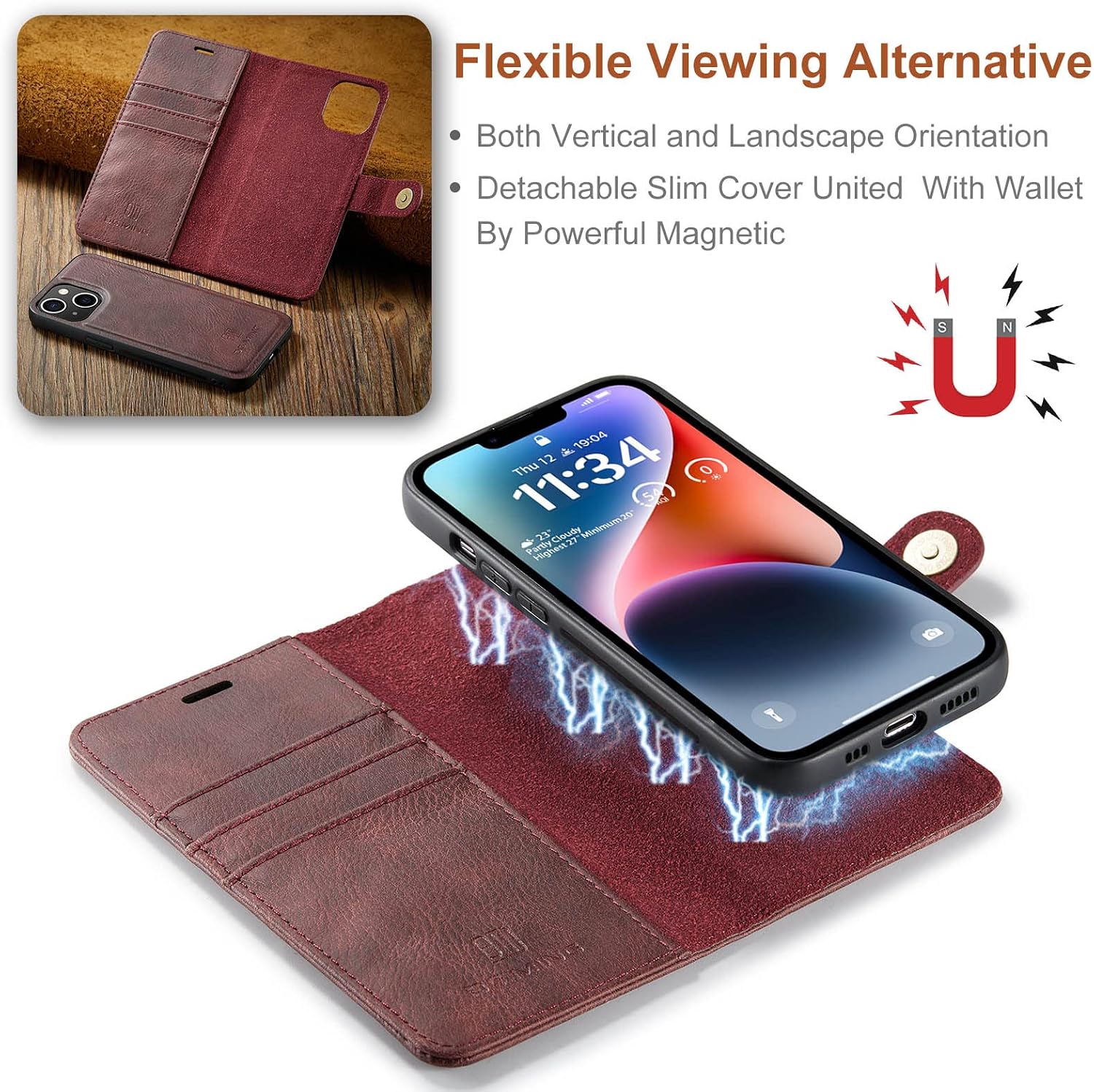 Detachable 2 in 1 Split Magnetic Flip Folio Wallet Case Compatible with iPhone 14 Genuine Leather Phone Case with 3 Card Holder Slots Kickstand Shockproof Cover(Red)