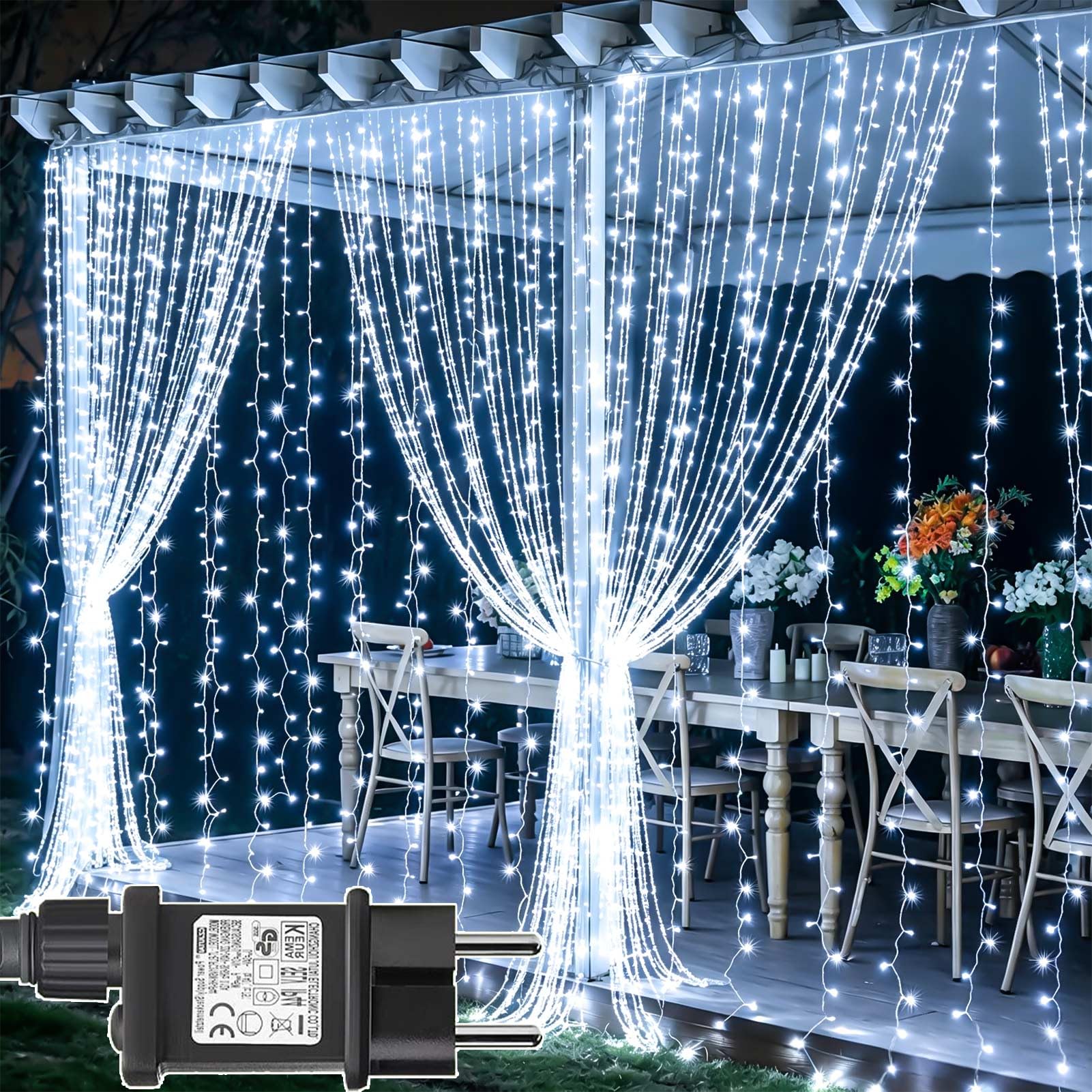 Joycome Kurtyna świetlna do użytku na zewnątrz, 6 x 3 m, 600 diod LED, zasłona z wtyczką, 8 trybów / timer, łańcuch świetlny do zawieszenia, wodoszczelna zasłona świetlna na zewnątrz, na okno, ścianę