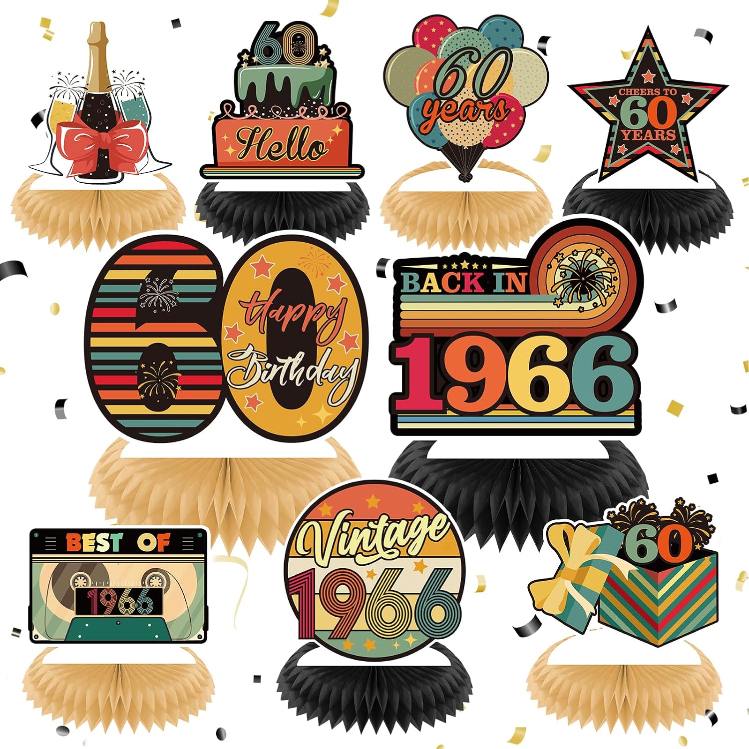 Vintage 60th Birthday Decorations, 9 Pcs Retro 1966 Party Paper Table Honeycomb Centerpieces, Happy Cheers to 60 Year Old Back in 1966 Bday Table Toppers Decor Supplies for Men Women