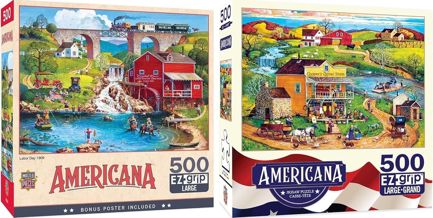 Masterpieces Americana Jigsaw Puzzle Bundle - 500 Pieces, Cardboard, Americana Style, Puzzle Bundle, 1000+ Pieces, 2+