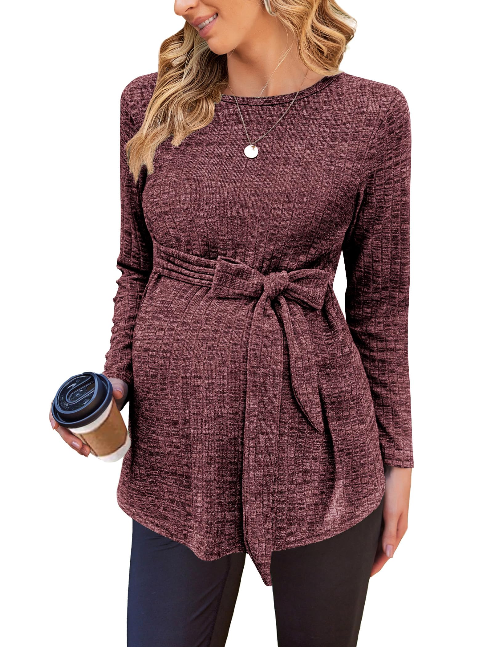 Ekouaer Maternity Shirts Ribbed Long Sleeve Pregnancy Sweater Tops Outfits