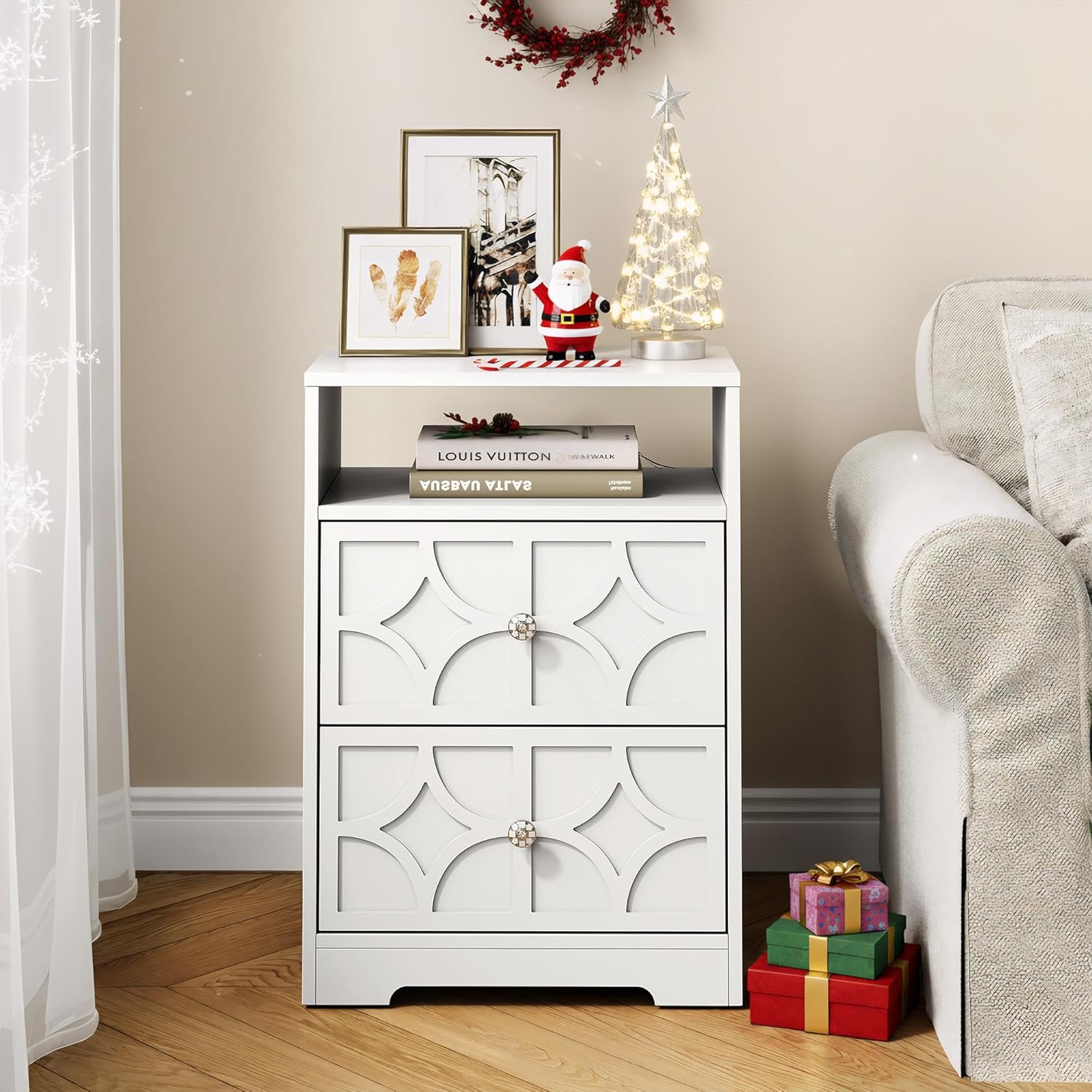 RoyalCraft Large Nightstand with Charging Station, Modern Side Table with 2 Drawers, Accent End Table with Diamond Carvings, Storage Cabinet for Bedroom, Entryway, White