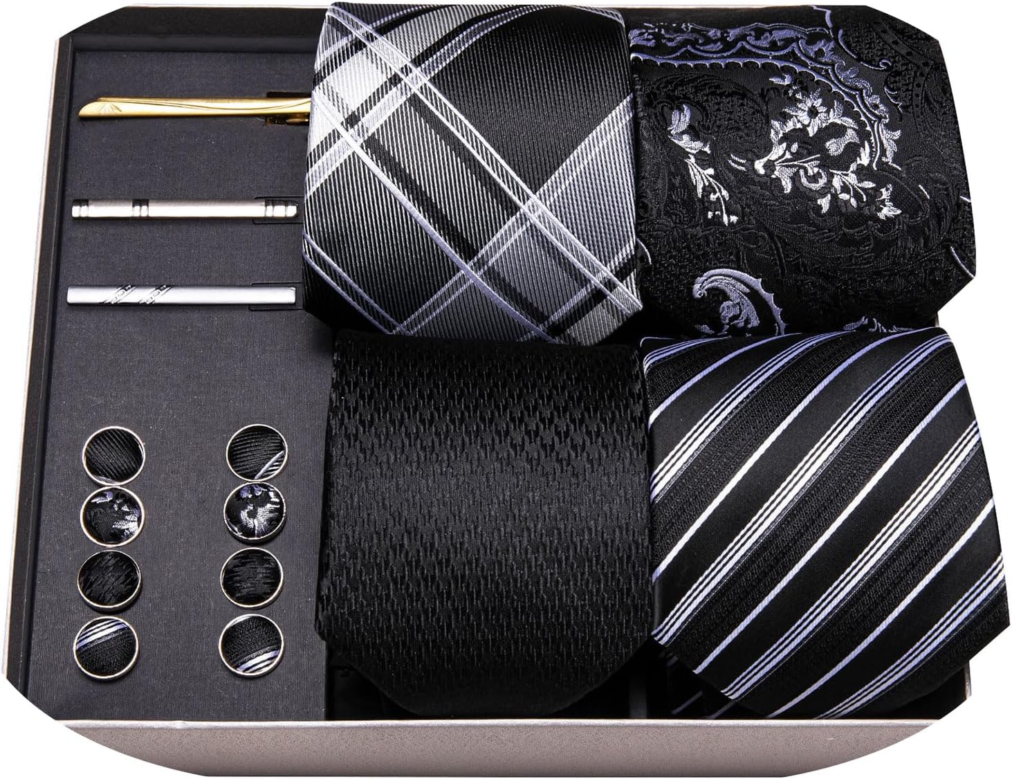 Barry.WangDesigner Mens Tie Sets Collection, Eleagnt Gift Box Tie Clips Handkerchief Cufflink Set