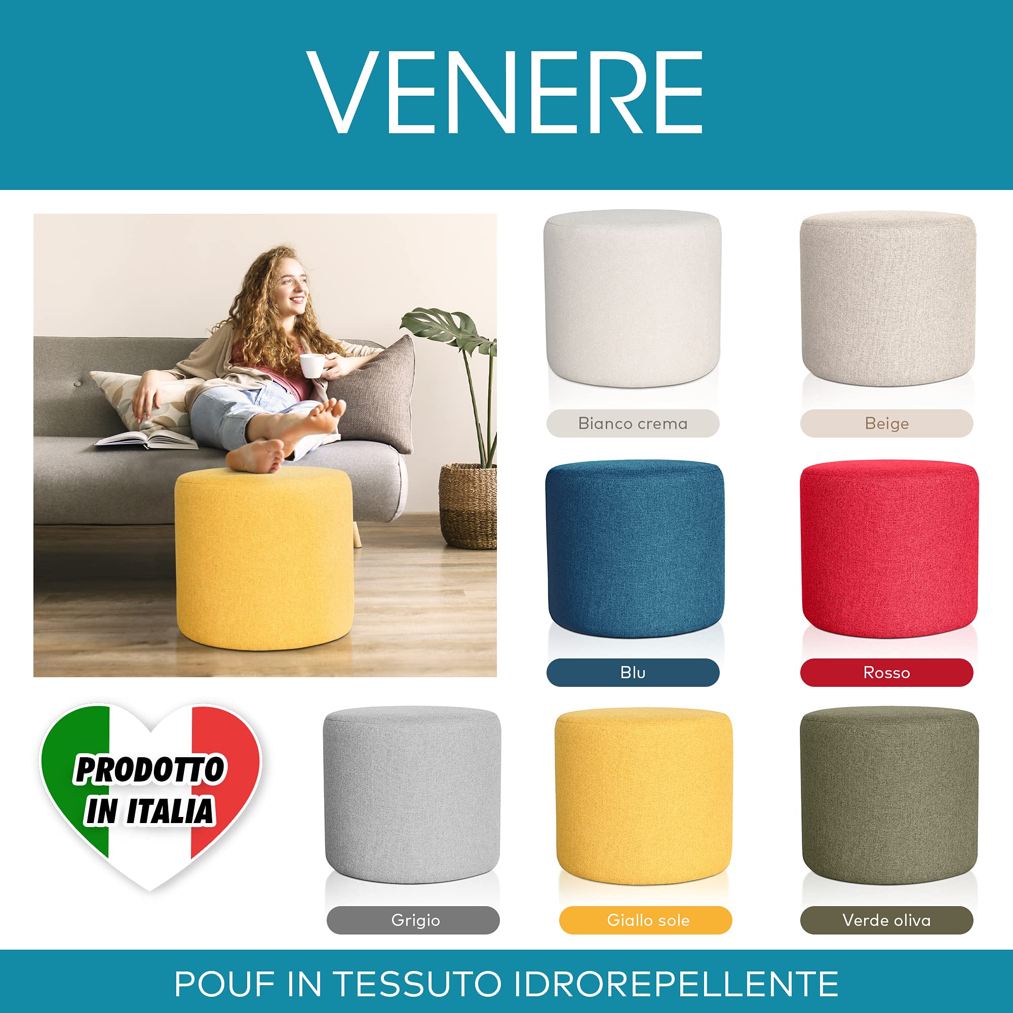 Deshome Pouf hocker Fußstütze runden Ø 50 cm Wasserabweisender Stoff: Modernes Design Pouf für Sofa Wohnzimmer Schlafzimmer, Puff hocker, Pouffe Venere Cremeweiße