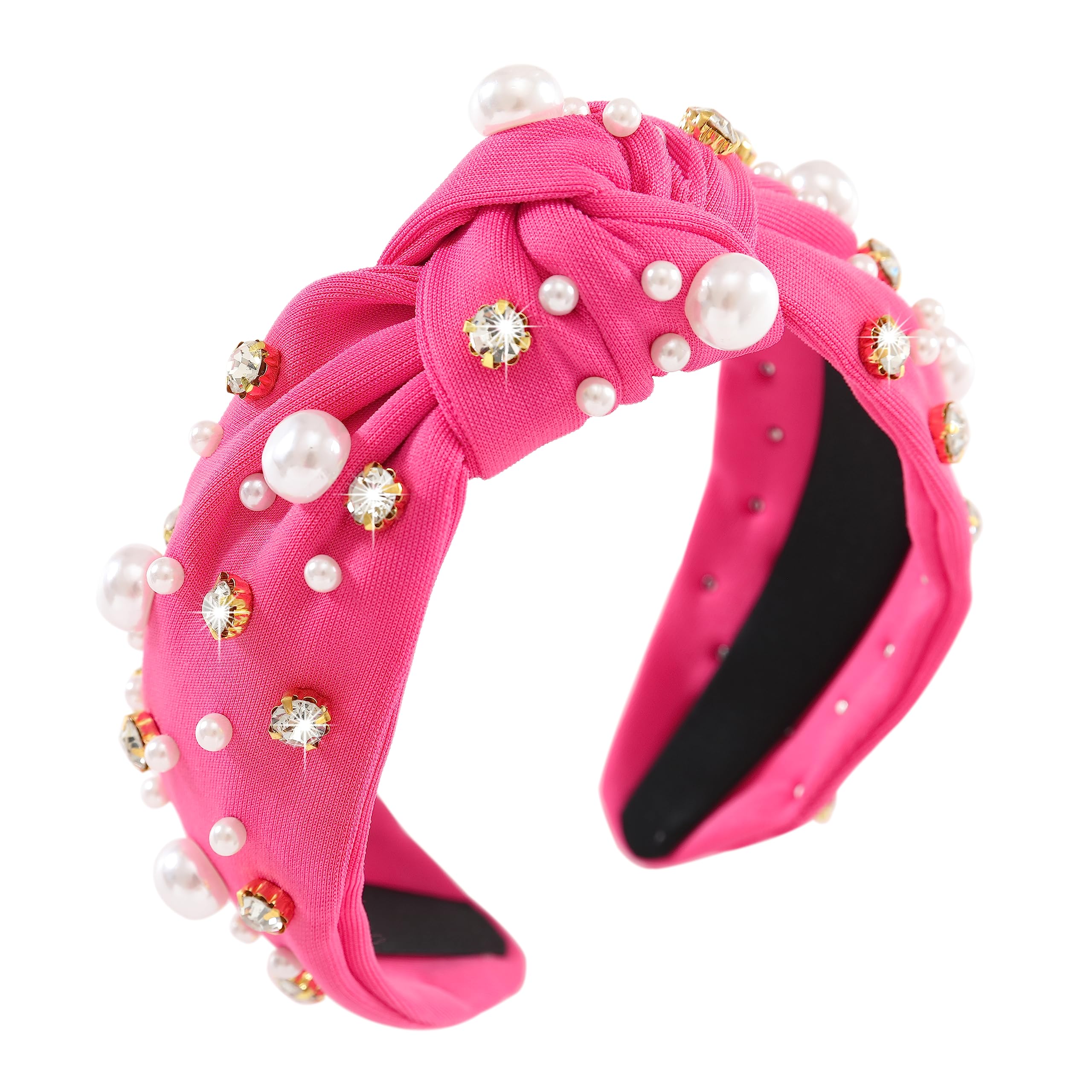 Gmmidea Pearl Knotted Women Headband Sparkle Rhinestone Jeweled Headband Wide Knot Crystal Embellished Hairband Fashion Women's Hair Accessories Rose