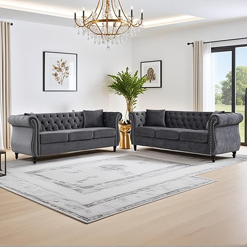 Miniatura 13 de Juego de sofás de 2 piezas de terciopelo negro moderno de 79" para 3 plazas y loveseat de 57", conjunto Chesterfield con botones capitoné y Negro