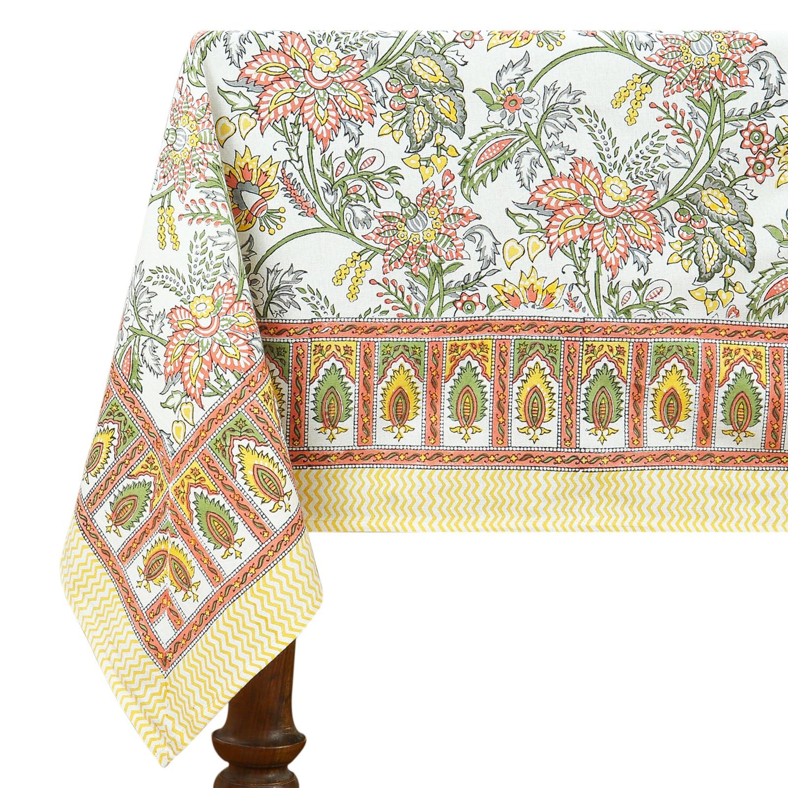 80x120 Inches Rectangle Hand Block Printed Cotton Tablecloth, Green White Floral Table Cloths Washable, Indian Table Linen For Valentine Thanksgiving Gifts Home Decor Dinning Outdoor — image 1